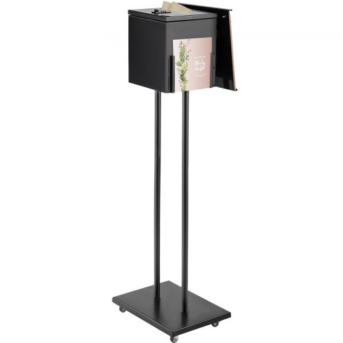 VEVOR Ballot Box, Floor Standing Suggestion Box with Lock and Sign Holder, Side Pocket for Storing Ballots, Brochures, Donation Box for Home Office Church Election, 8.6"W x 9.4"H x 8"D, Black