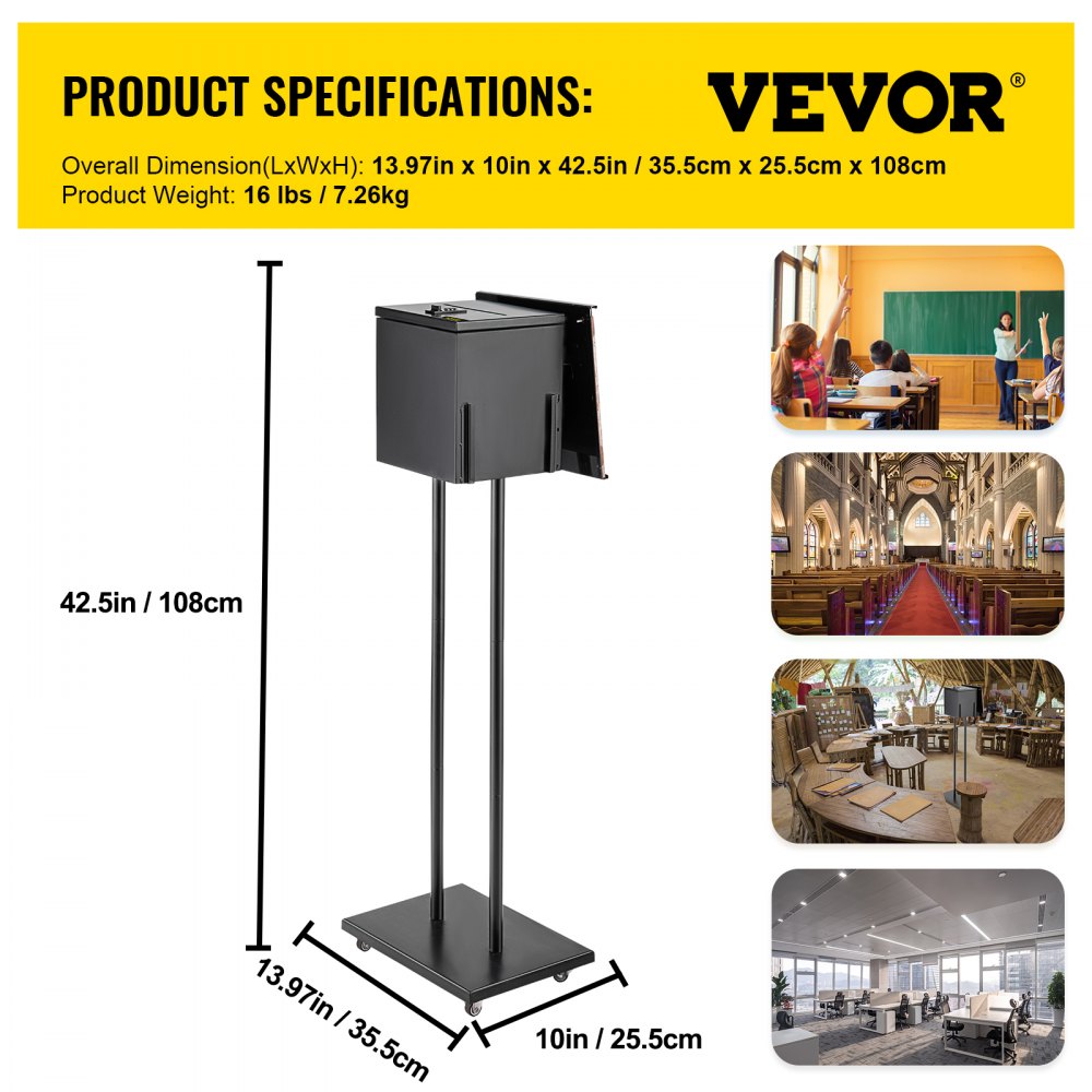 VEVOR Ballot Box, Floor Standing Suggestion Box with Lock and Sign Holder, Side Pocket for Storing Ballots, Brochures, Donation Box for Home Office Church Election,21.844cm x23.876cm x20.32cm , Black