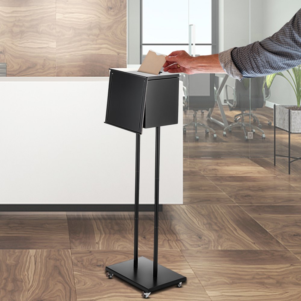 VEVOR Ballot Box, Floor Standing Suggestion Box with Sign Holder and Lock, Side Pocket for Storing Ballots, Brochures, Donation Box for Home Office Church Election, 8.6\"W x 9.4\"H x 8\"D, Black