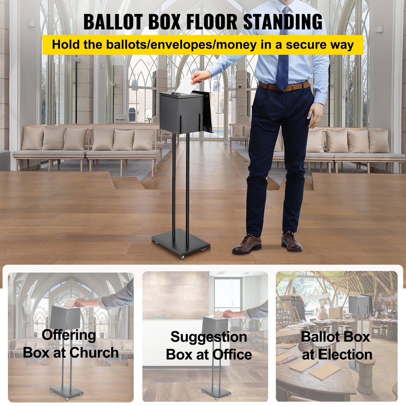 VEVOR Ballot Box, Floor Standing Suggestion Box with Sign Holder and Lock, Side Pocket for Storing Ballots, Brochures, Donation Box for Home Office Church Election, 8.6\"W x 9.4\"H x 8\"D, Black