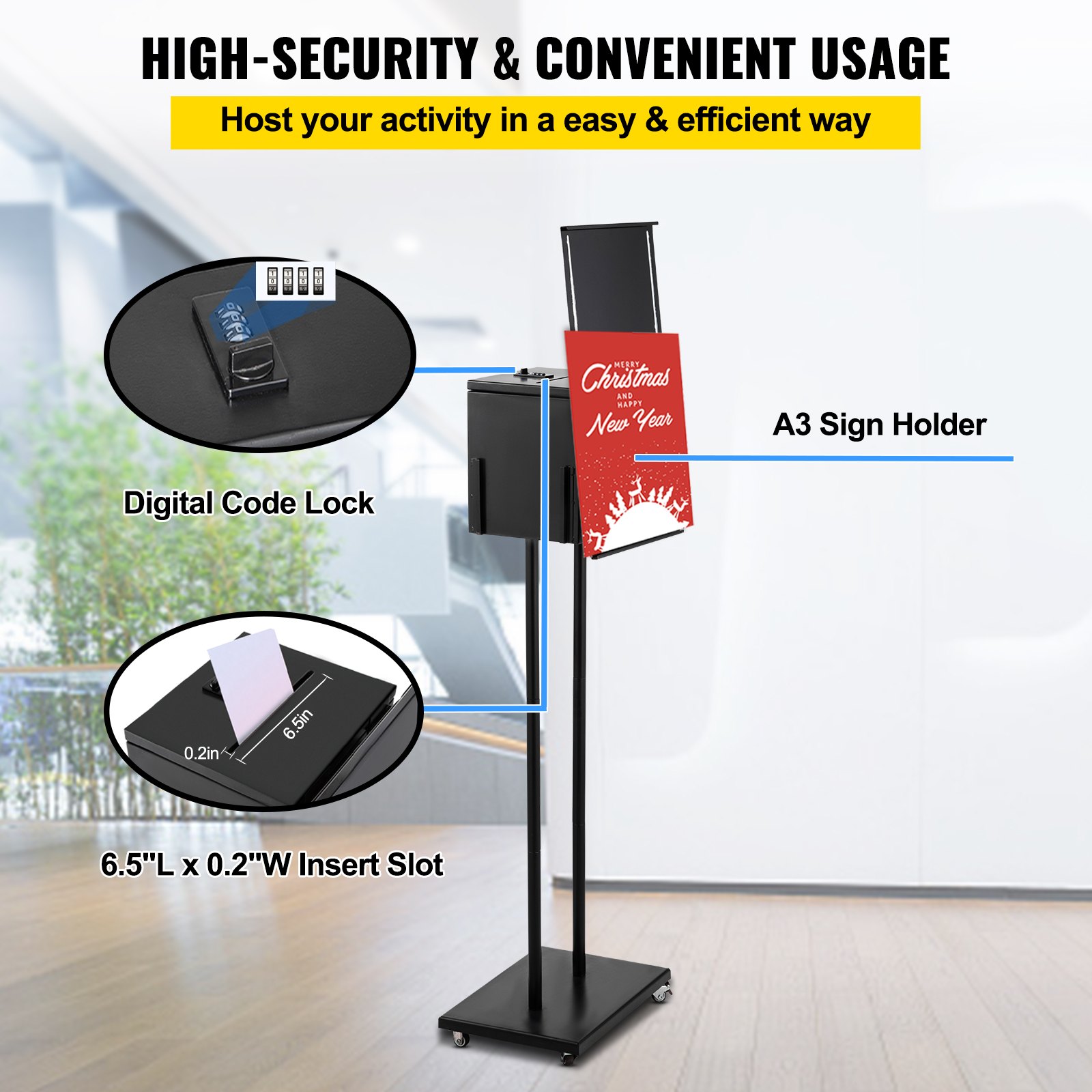 VEVOR Ballot Box, Floor Standing Suggestion Box with Sign Holder and Lock, Side Pocket for Storing Ballots, Brochures, Donation Box for Home Office Church Election, 8.6\"W x 9.4\"H x 8\"D, Black