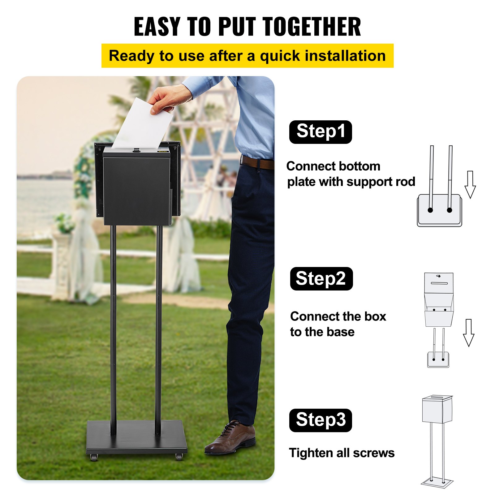VEVOR Ballot Box, Floor Standing Suggestion Box with Sign Holder and Lock, Side Pocket for Storing Ballots, Brochures, Donation Box for Home Office Church Election, 8.6\"W x 9.4\"H x 8\"D, Black
