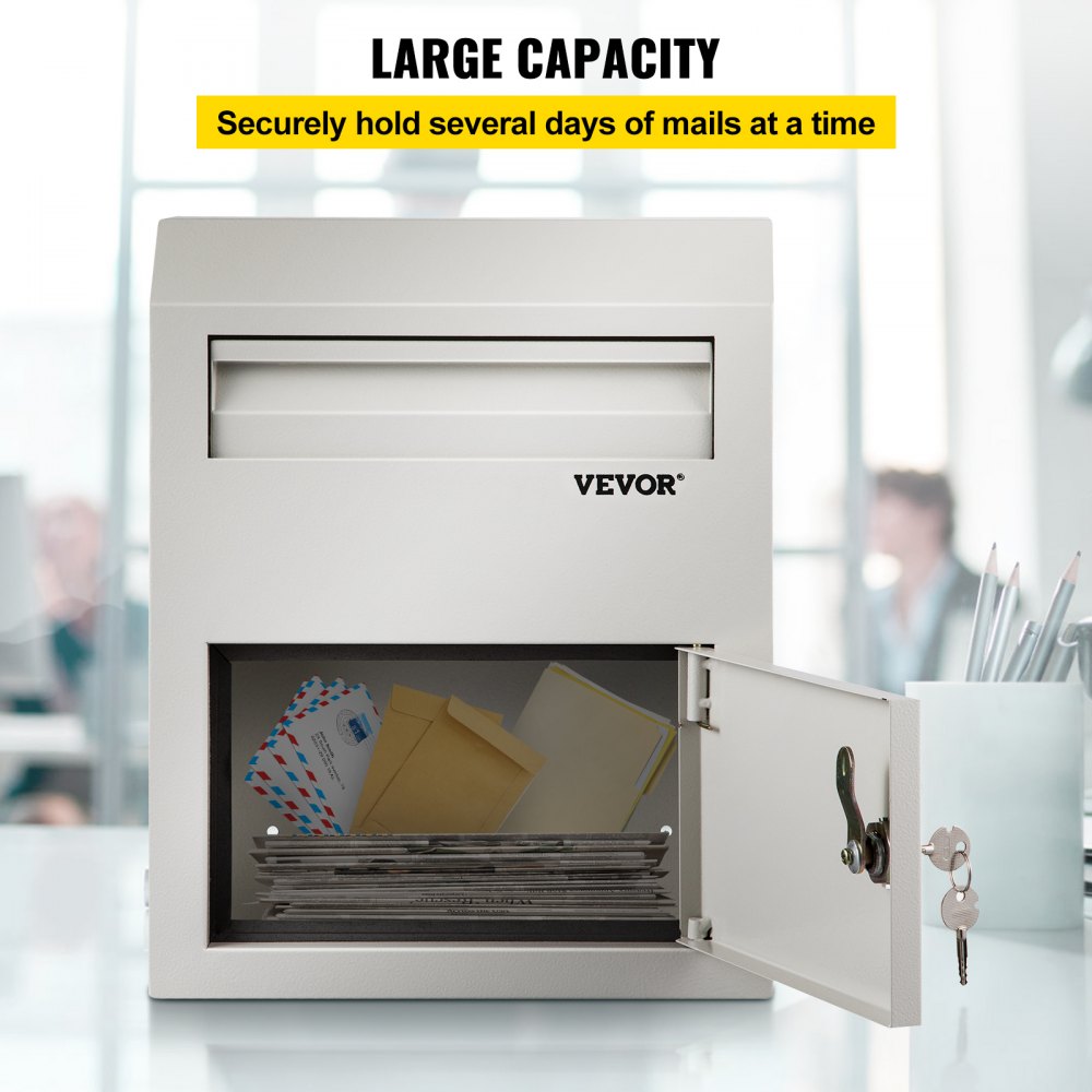 VEVOR Suggestion Box, Donation Ballot Box with Lock, Wall Mounted Collection Box with Wide Drop Slot, Steel Key Drop Box for Home Office Factory School, 38x30.5x11 cm, Gray