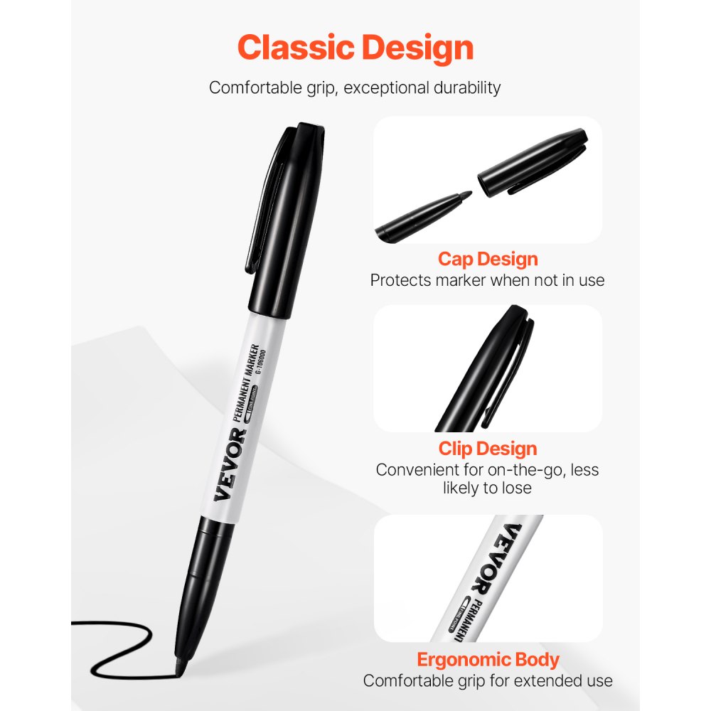 VEVOR Permanent Markers, 36 Pack Black Permanent Marker Set, Quick Drying & Fade Resistant, Fine Point Markers for Plastic, Paper, Metal, and More