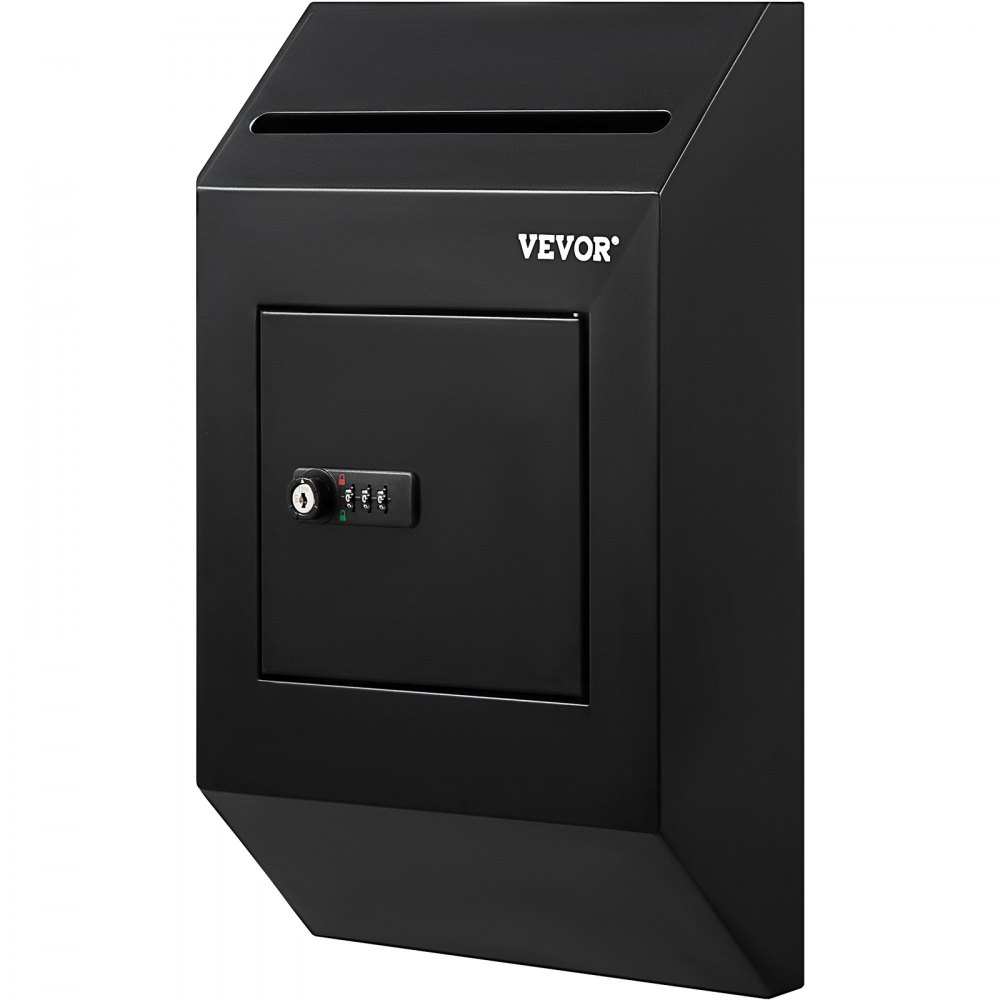 black VEVOR suggestion box with a keyed lock and combination lock, featuring a slot for submissions.