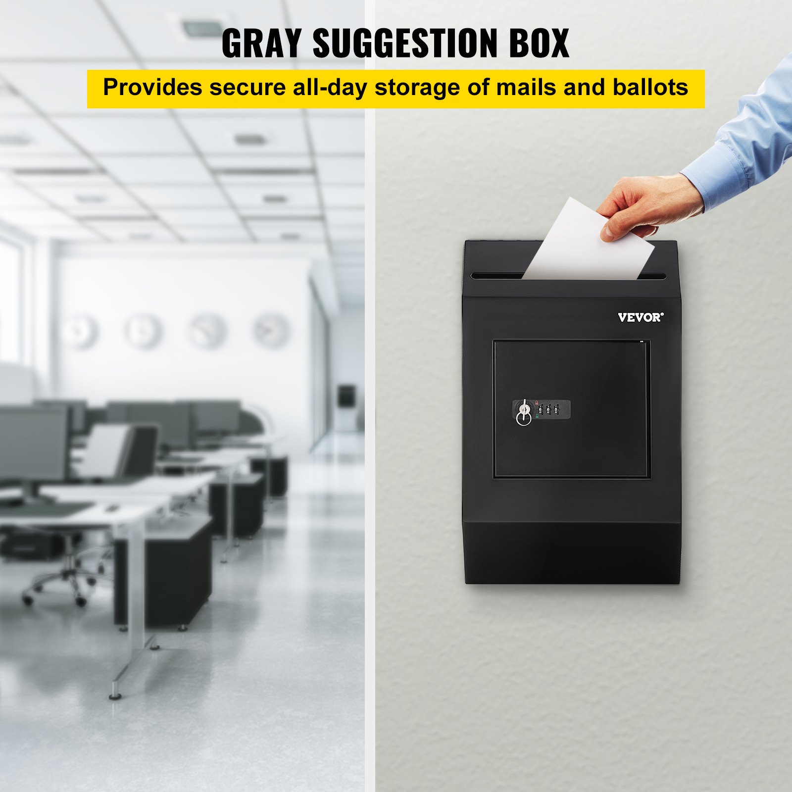 black VEVOR suggestion box with security lock, office background, and hand inserting paper.