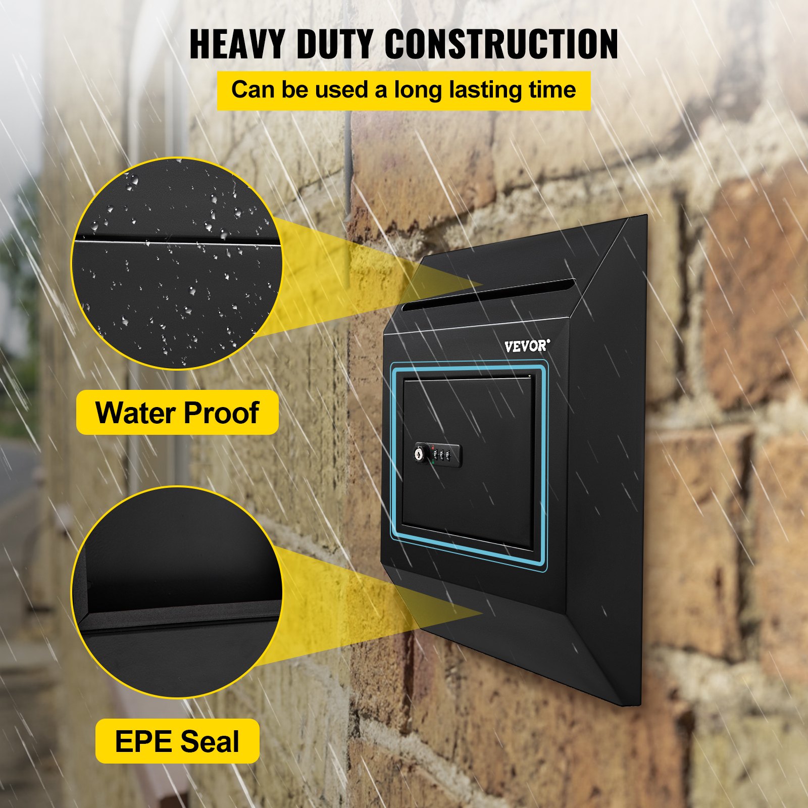 VEVOR suggestion box mounted on a brick wall, featuring waterproof design and epe seal for durability.