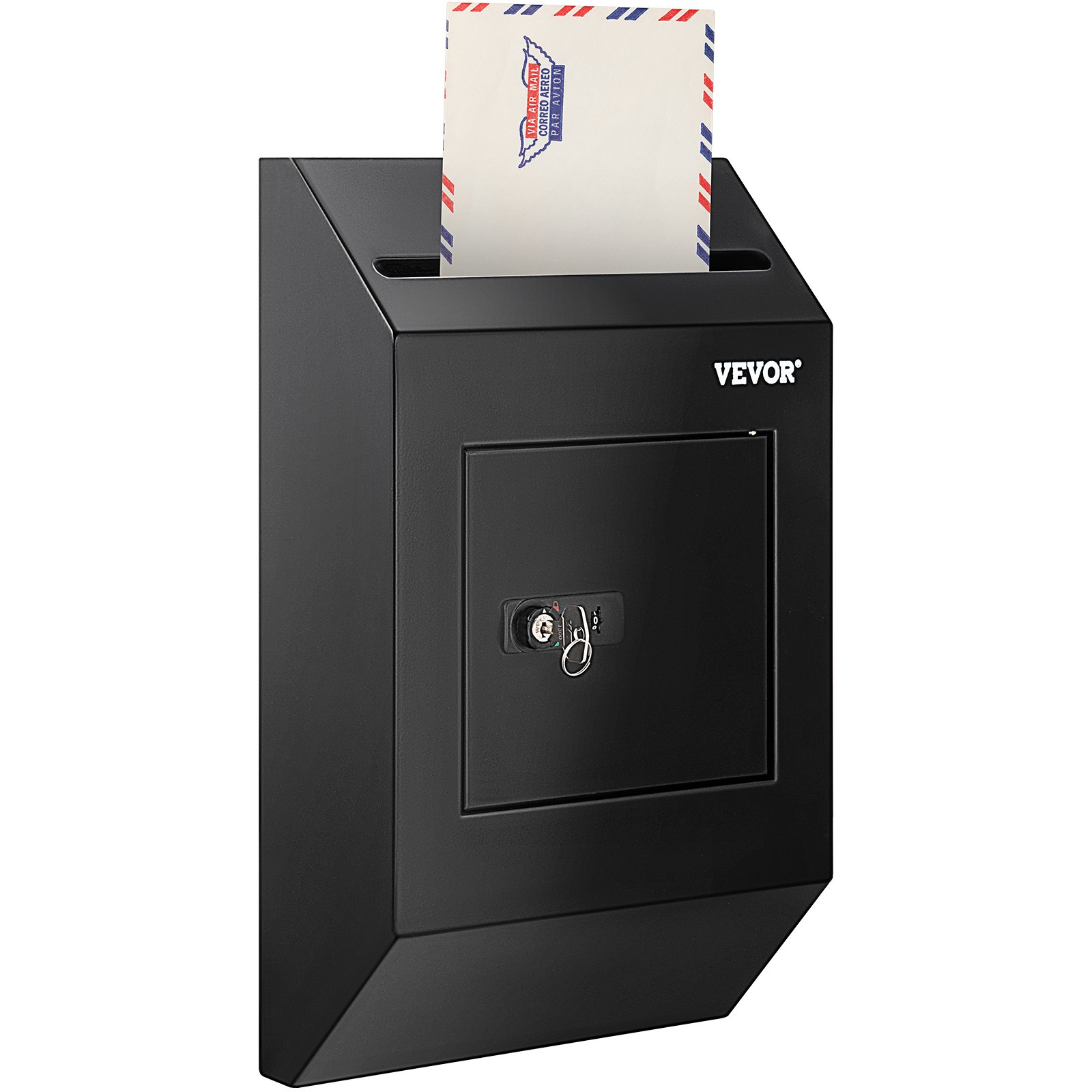 black VEVOR suggestion box with a mail slot and a secure lock, featuring an envelope in the slot.
