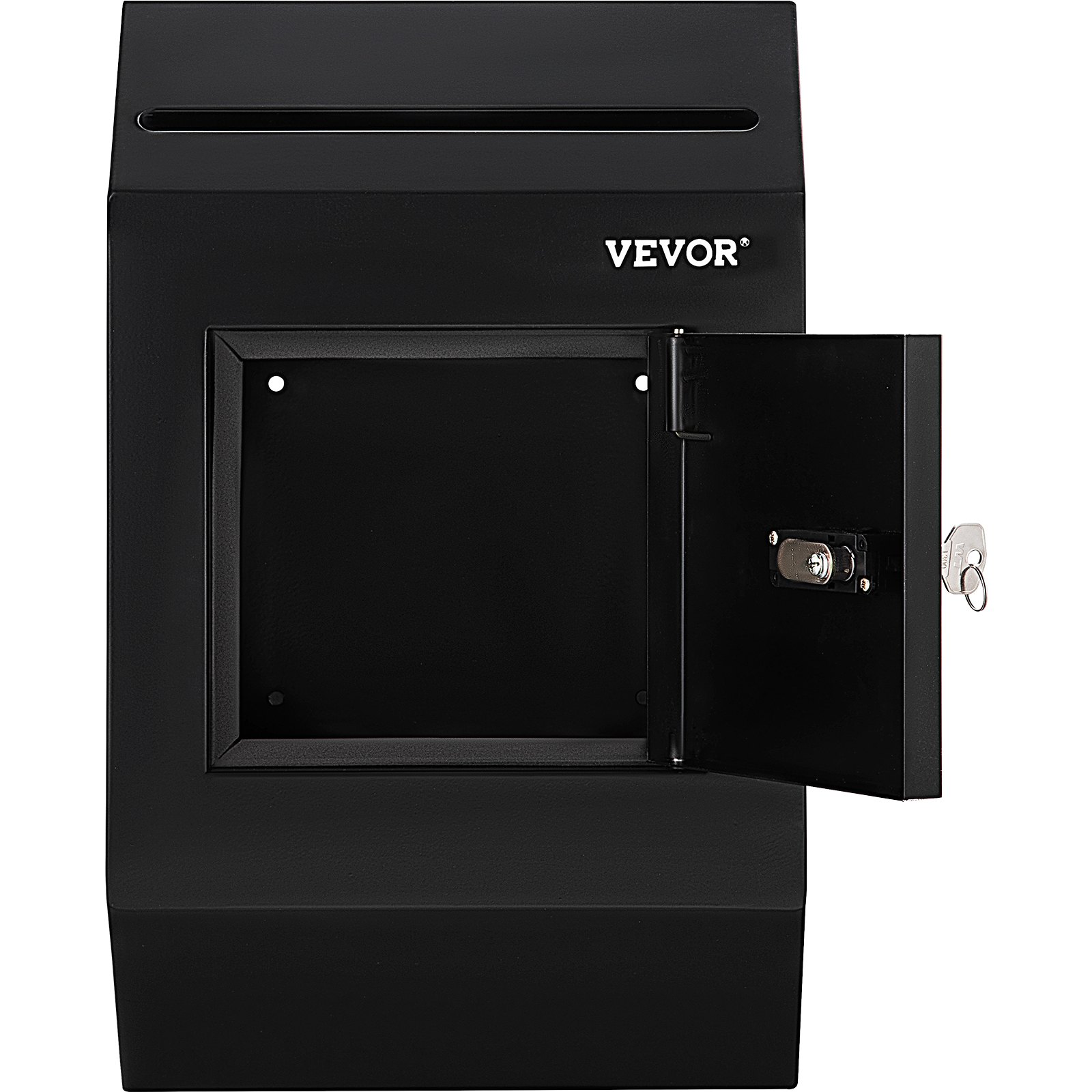 black VEVOR suggestion box with locking door, key inserted, open to reveal interior compartment.