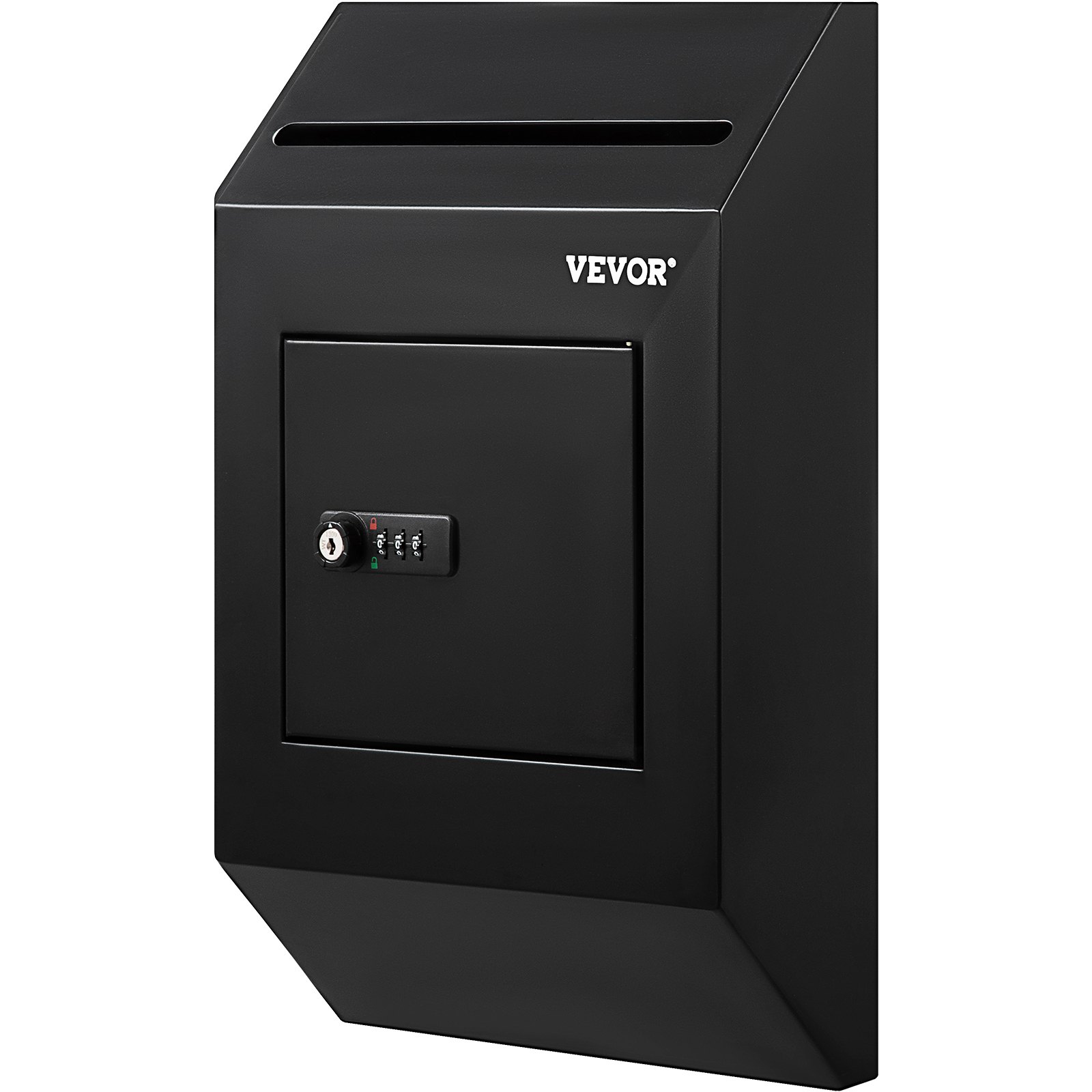 black VEVOR suggestion box with a keyed lock and combination lock, featuring a slot for submissions.