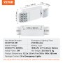 VEVOR emergency light spec sheet with dimensions, battery type, and rated voltage in white background.