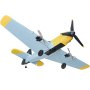 blue and yellow VEVOR rc airplane with two propellers and landing gear, viewed from below.