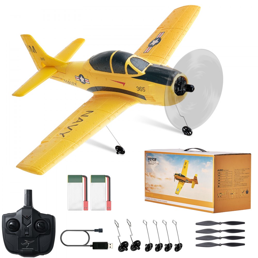 Avión RC VEVOR amarillo con control remoto, baterías adicionales, cables, alas de repuesto y caja.