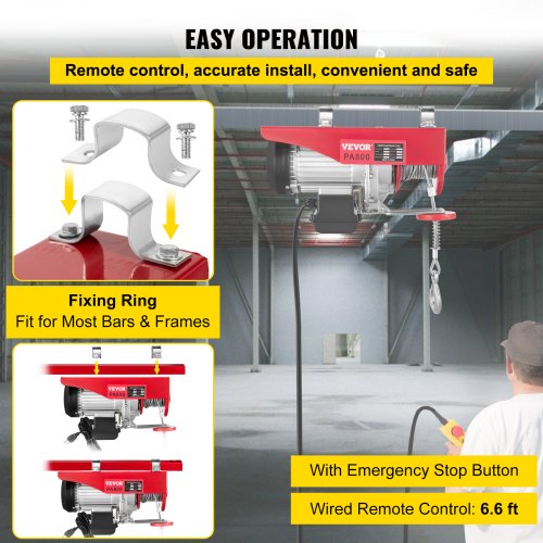 VEVOR Electric Hoist, 1760LBS Electric Winch, Steel Electric Lift, 110V Electric Hoist with Remote Control & Single/Double Slings for Lifting in Factories, Warehouses, Construction Site, Mine Filed