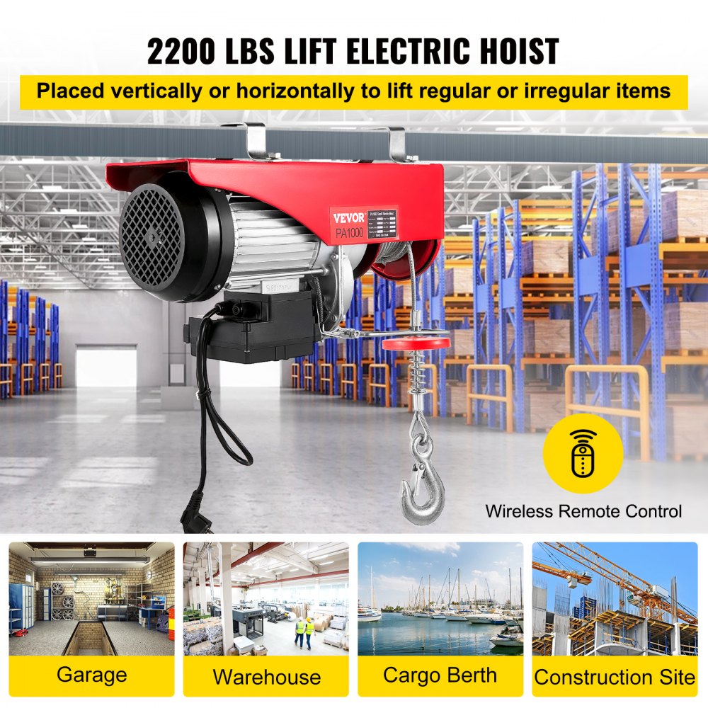 VEVOR Electric Hoist, 2200 lbs Electric Winch, Electric Lift with Wireless Remote Control System, Zinc-Plated Steel Wire Electric Hoist Crane, Electric Cable Hoist w/Straps and Emergency Stop Switch