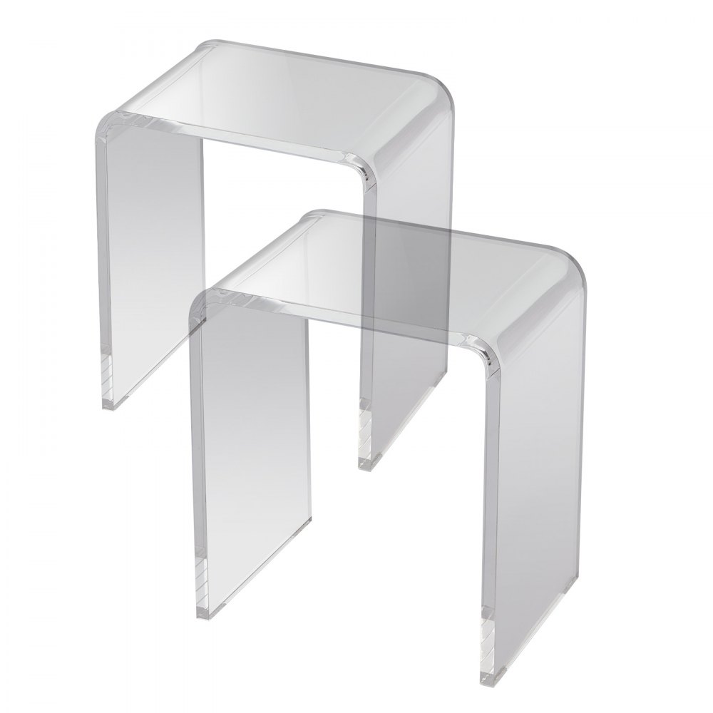 VEVOR acrylic end table set featuring two clear nesting tables with rounded edges.