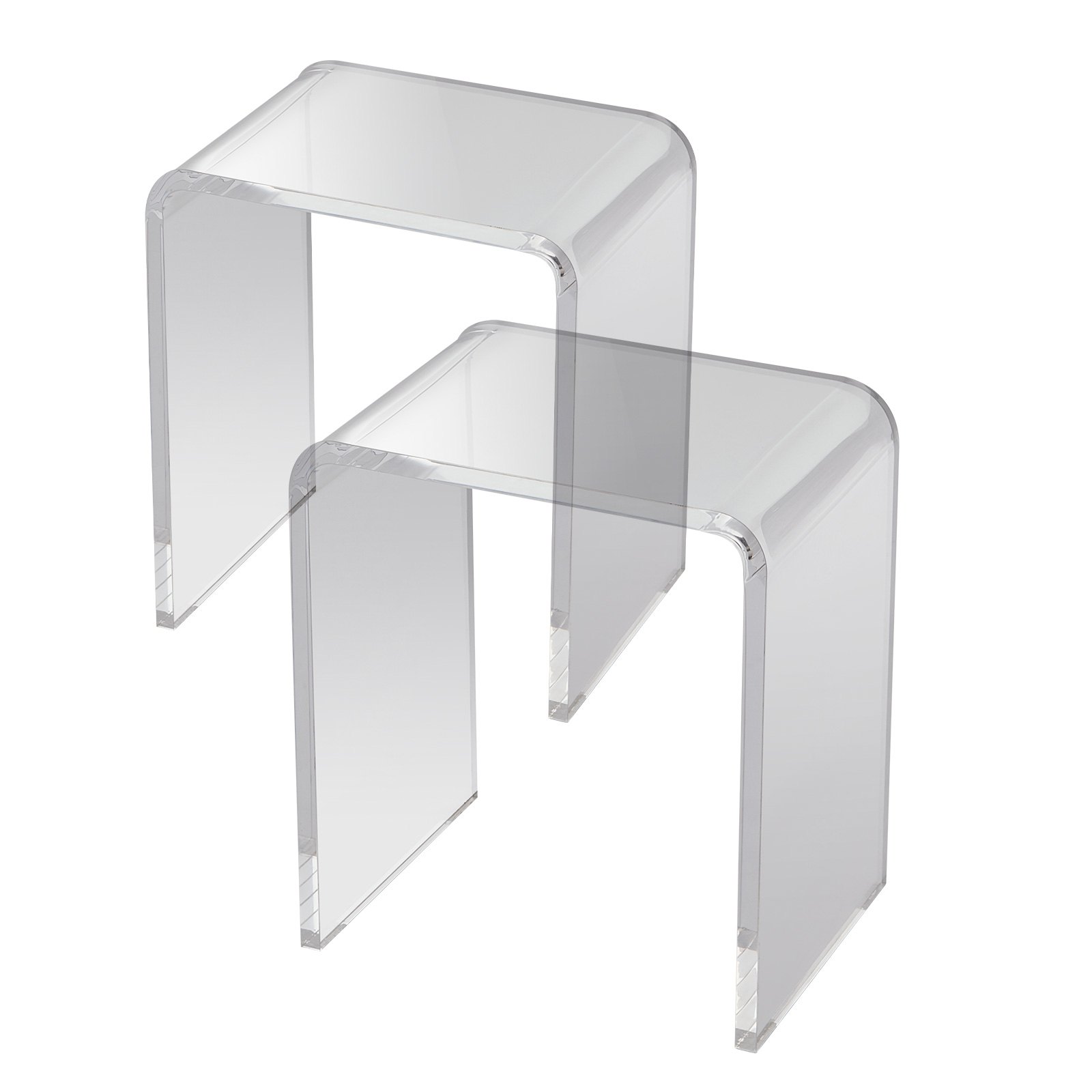 VEVOR acrylic end table set featuring two clear nesting tables with rounded edges.