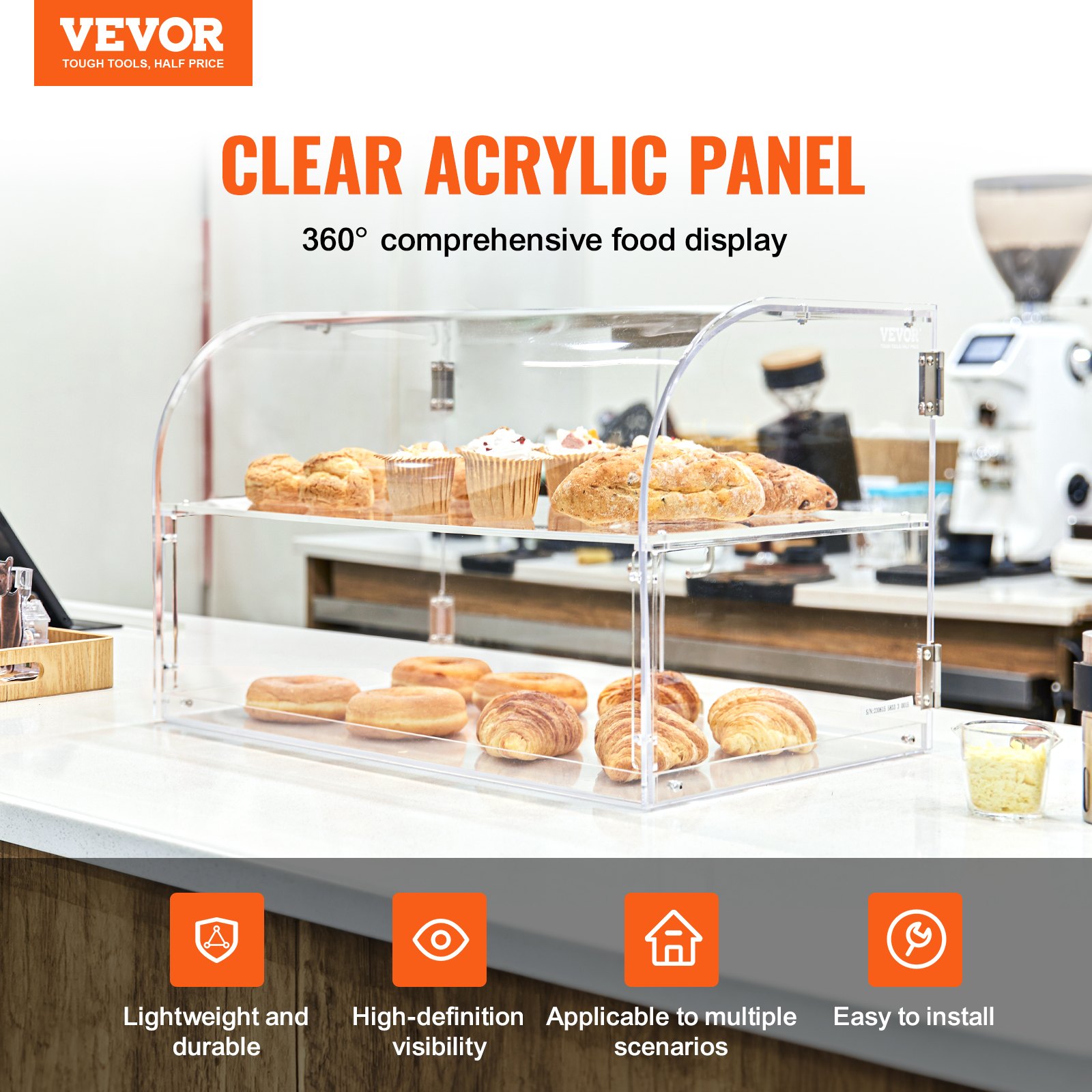VEVOR Pastry Display Case, 2-Tier Commercial Countertop Bakery Display Case, Acrylic Display Box with Rear Door Access & Removable Shelves, Keep Fresh for Donut Bagels Cake Cookie, 22"x14"x14"