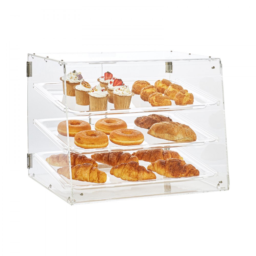 VEVOR cukrászsütemény vitrin, 3 szintes kereskedelmi asztali sütővitrin, akril vitrin hátsó ajtóval és kivehető polcokkal, frissen tartható fánkbagel torta sütihez, 20,7 x 14,2 x 16,3 hüvelyk