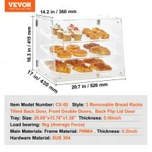 VEVOR Pastry Display Case, 3-Tier Commercial Countertop Bakery Display Case, Acrylic Display Box with Rear Door Access & Removable Shelves, Keep Fresh for Donut Bagels Cake Cookie, 20.7"x17"x16.3"