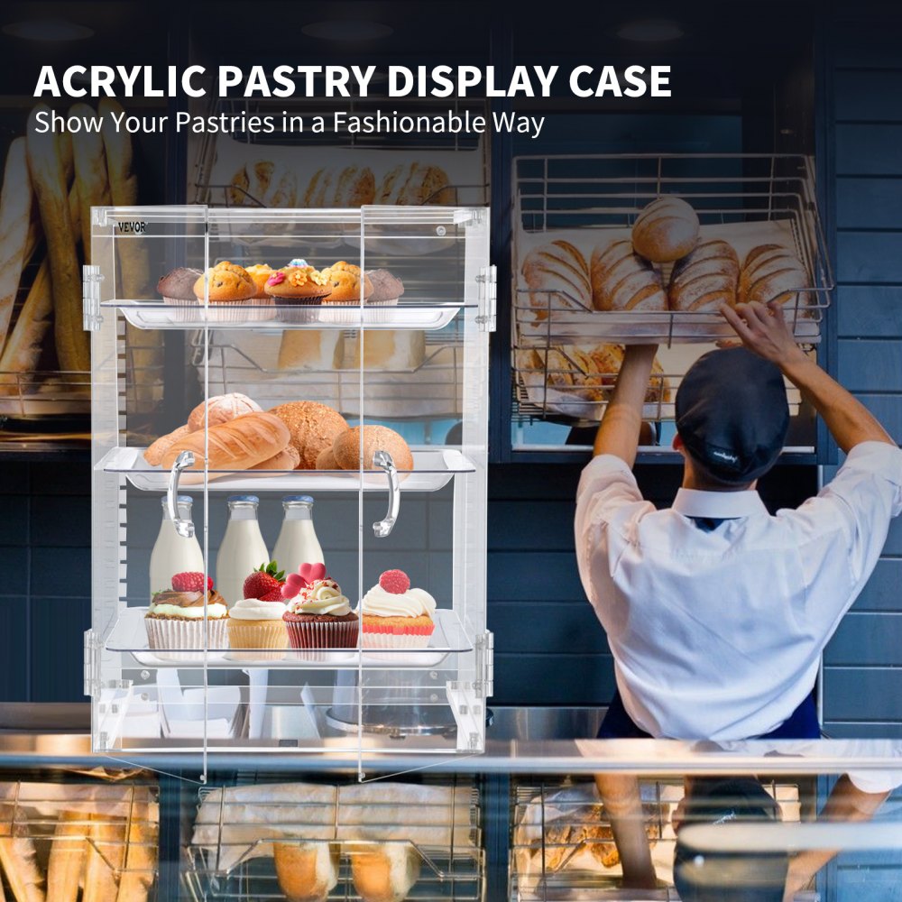 VEVOR Pastry Display Case, 3-Tier Removable Shelves Bakery Display Case, Clear Acrylic 21.7" x 15.7" x 15.7" Donut Display Box w/Rear Door Access, Counter Case Keep Fresh for Donut Bagels Cake Cookie
