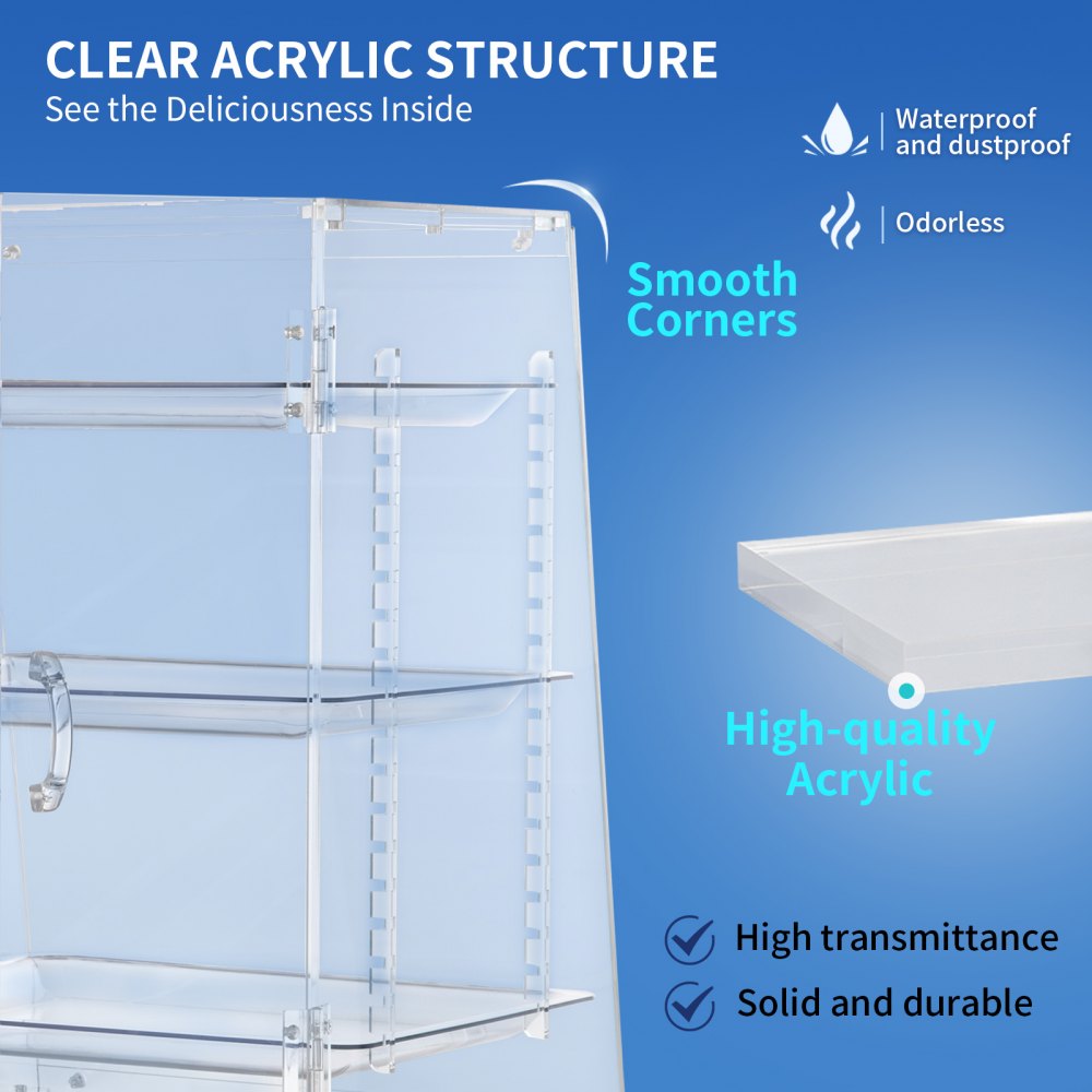 VEVOR Pastry Display Case, 3-Tier Removable Shelves Bakery Display Case, Clear Acrylic 21.7" x 15.7" x 15.7" Donut Display Box w/Rear Door Access, Counter Case Keep Fresh for Donut Bagels Cake Cookie