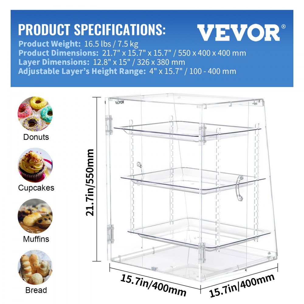 VEVOR Pastry Display Case, 3-Tier Removable Shelves Bakery Display Case, Clear Acrylic 21.7" x 15.7" x 15.7" Donut Display Box w/Rear Door Access, Counter Case Keep Fresh for Donut Bagels Cake Cookie