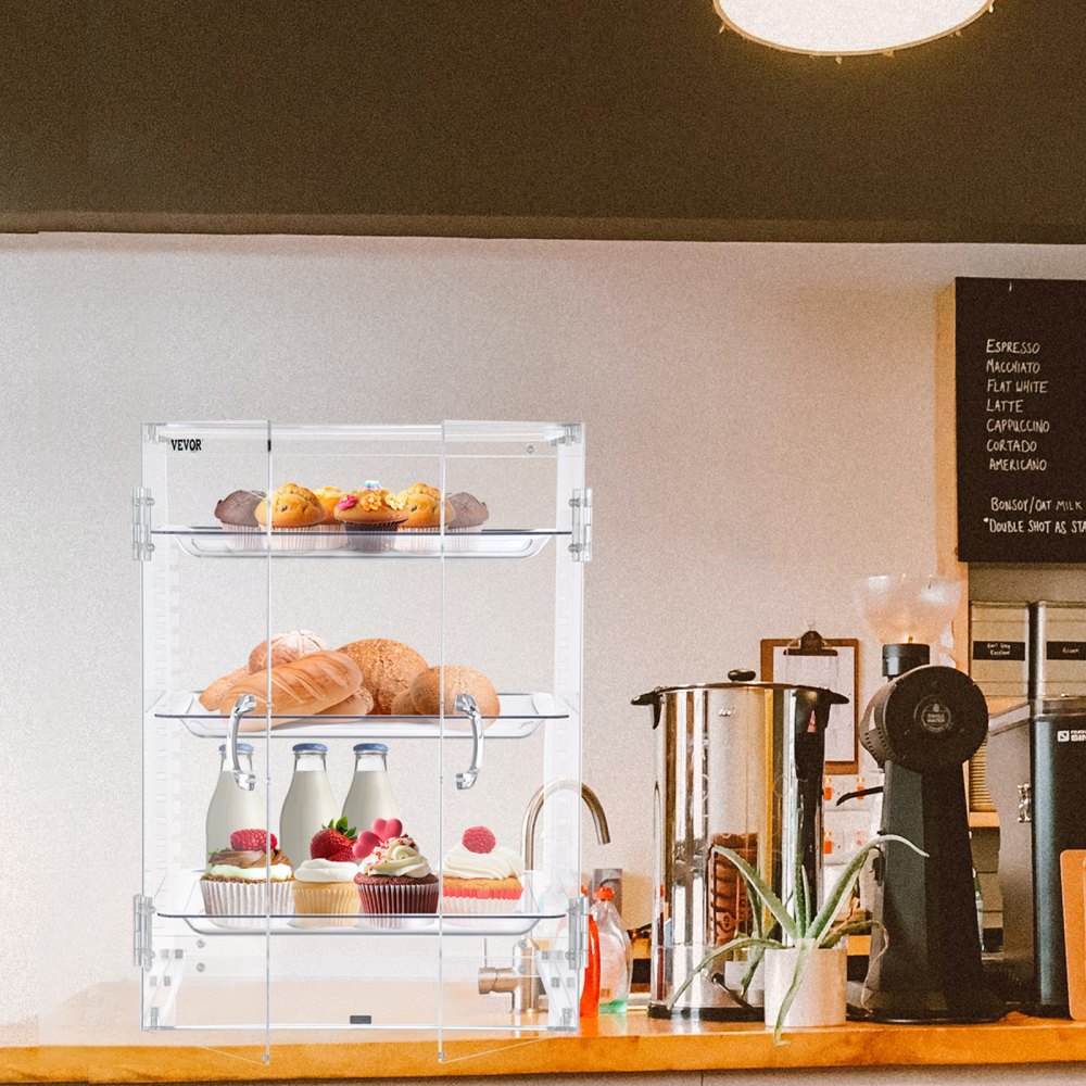 VEVOR Pastry Display Case, 3-Tier Removable Shelves Bakery Display Case, Clear Acrylic 21.7" x 15.7" x 15.7" Donut Display Box w/Rear Door Access, Counter Case Keep Fresh for Donut Bagels Cake Cookie