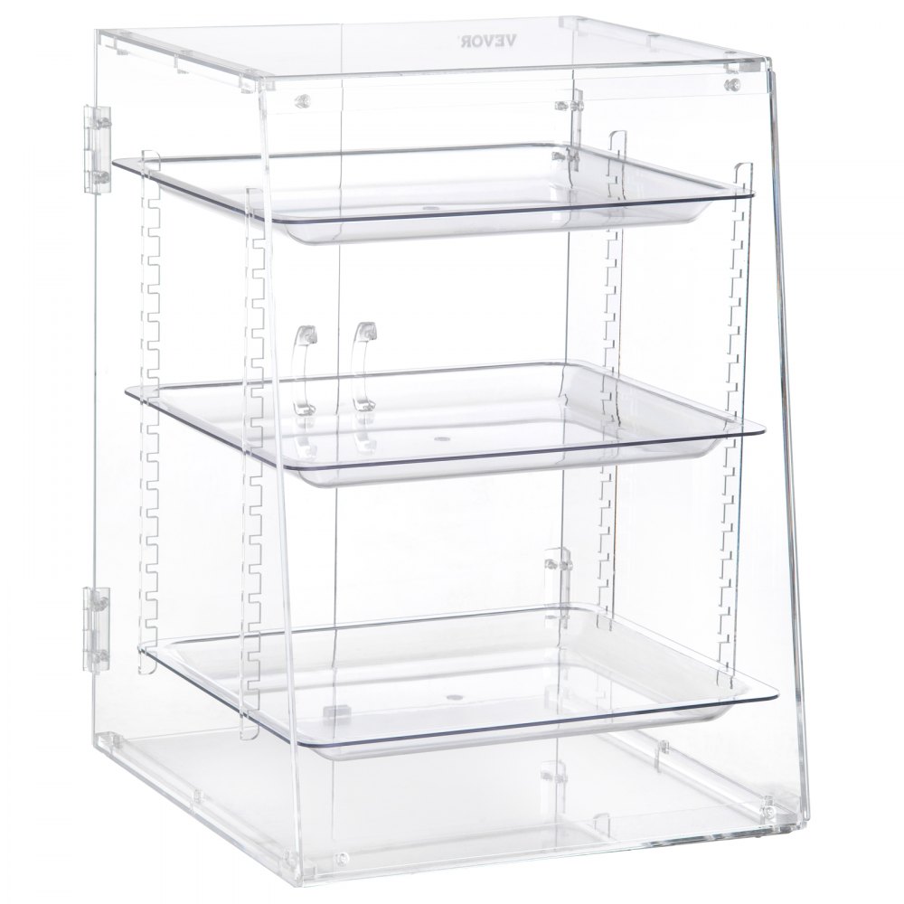VEVOR Pastry Display Case, 3-Tier Removable Shelves Bakery Display Case, Clear Acrylic 21.7" x 15.7" x 15.7" Donut Display Box w/Rear Door Access, Counter Case Keep Fresh for Donut Bagels Cake Cookie