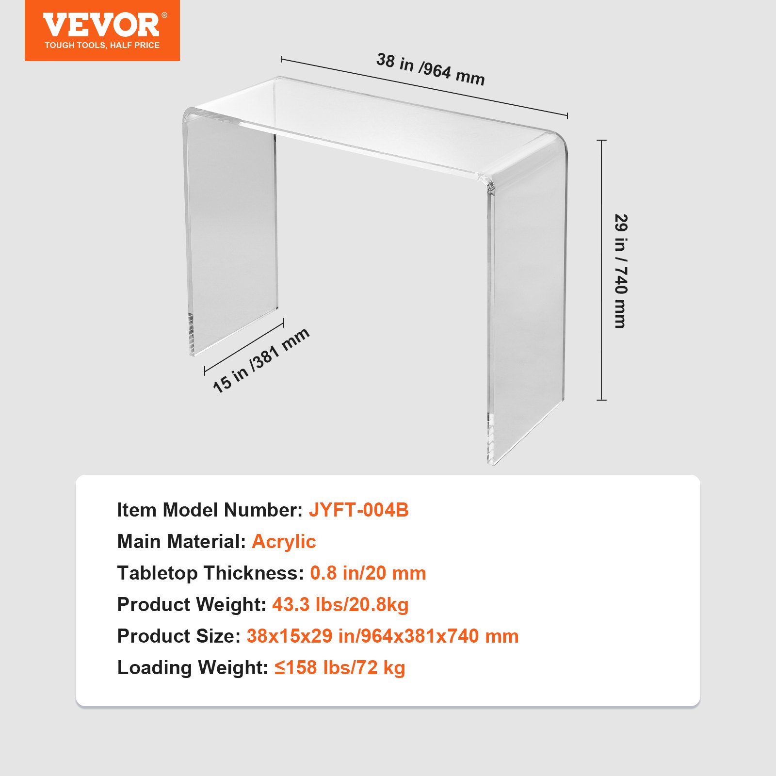 VEVOR Acrylic Console Table, Clear Acrylic End Table, Transparent Acrylic Side Table 37.95x15x29.13 inch, for Foyer, Living Room, Dining Room