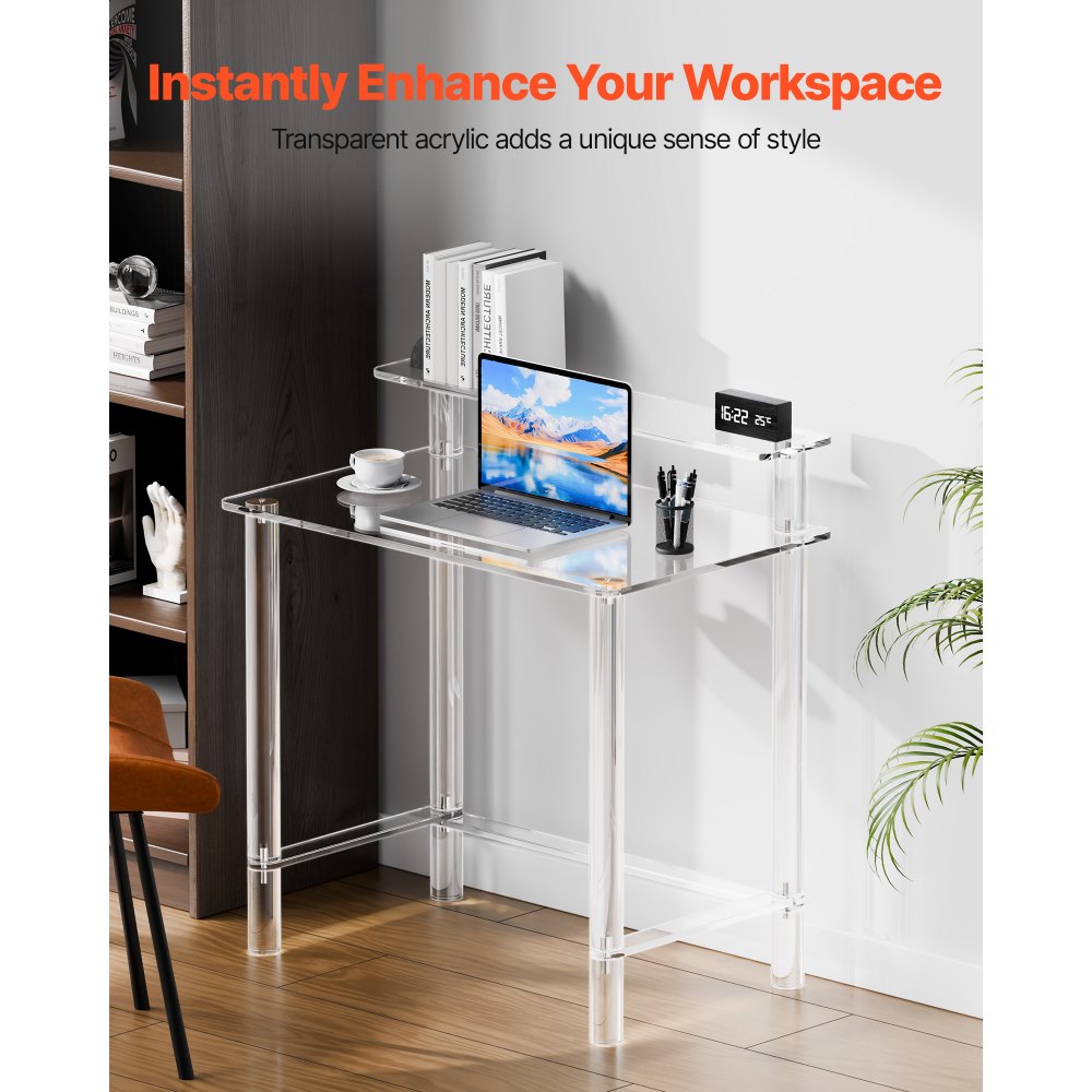 VEVOR Acrylic Table, 2 Tiers Clear Office Desk with Monitor Stand, Acrylic Study Computer Desk, Modern Side End Table Nightstand for Bedroom, Office, Study, Cloakroom, 50 x 80 x 88 cm (Clear)