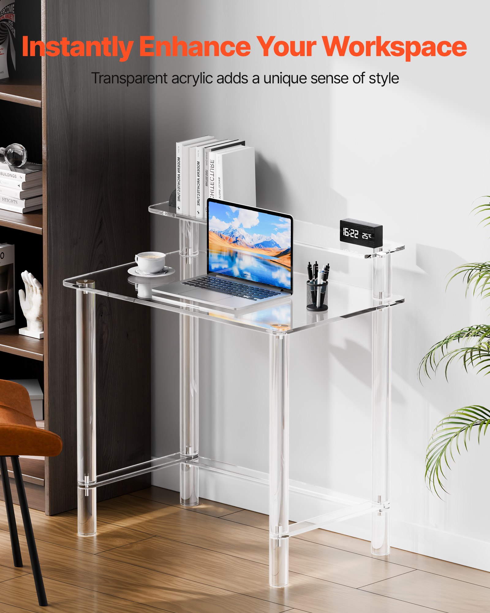 VEVOR Acrylic Table, 2 Tiers Clear Office Desk with Monitor Stand, Acrylic Study Computer Desk, Modern Side End Table Nightstand for Bedroom, Office, Study, Cloakroom, 50 x 80 x 88 cm (Clear)
