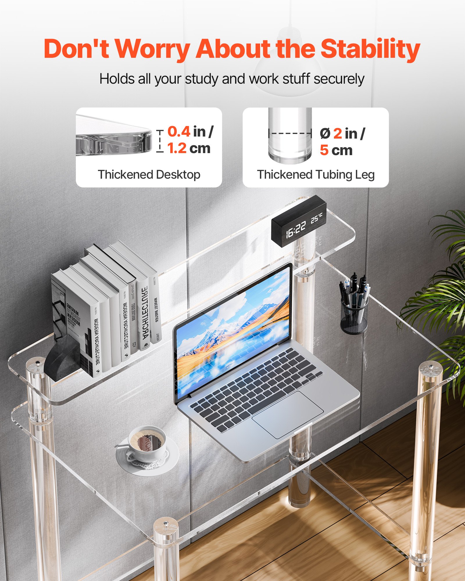 VEVOR Acrylic Table, 2 Tiers Clear Office Desk with Monitor Stand, Acrylic Study Computer Desk, Modern Side End Table Nightstand for Bedroom, Office, Study, Cloakroom, 50 x 80 x 88 cm (Clear)