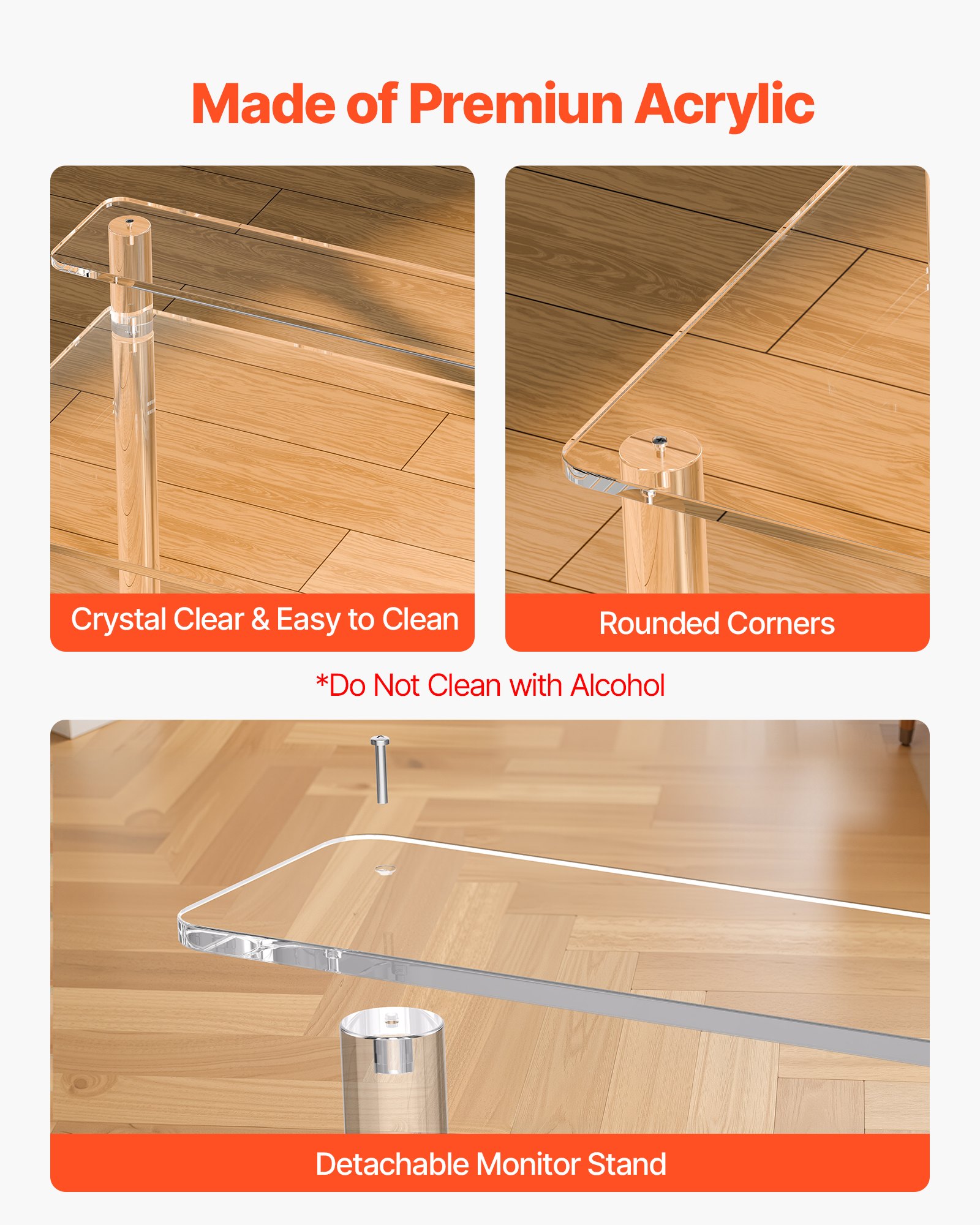 VEVOR Acrylic Table, 2 Tiers Clear Office Desk with Monitor Stand, Acrylic Study Computer Desk, Modern Side End Table Nightstand for Bedroom, Office, Study, Cloakroom, 50 x 80 x 88 cm (Clear)