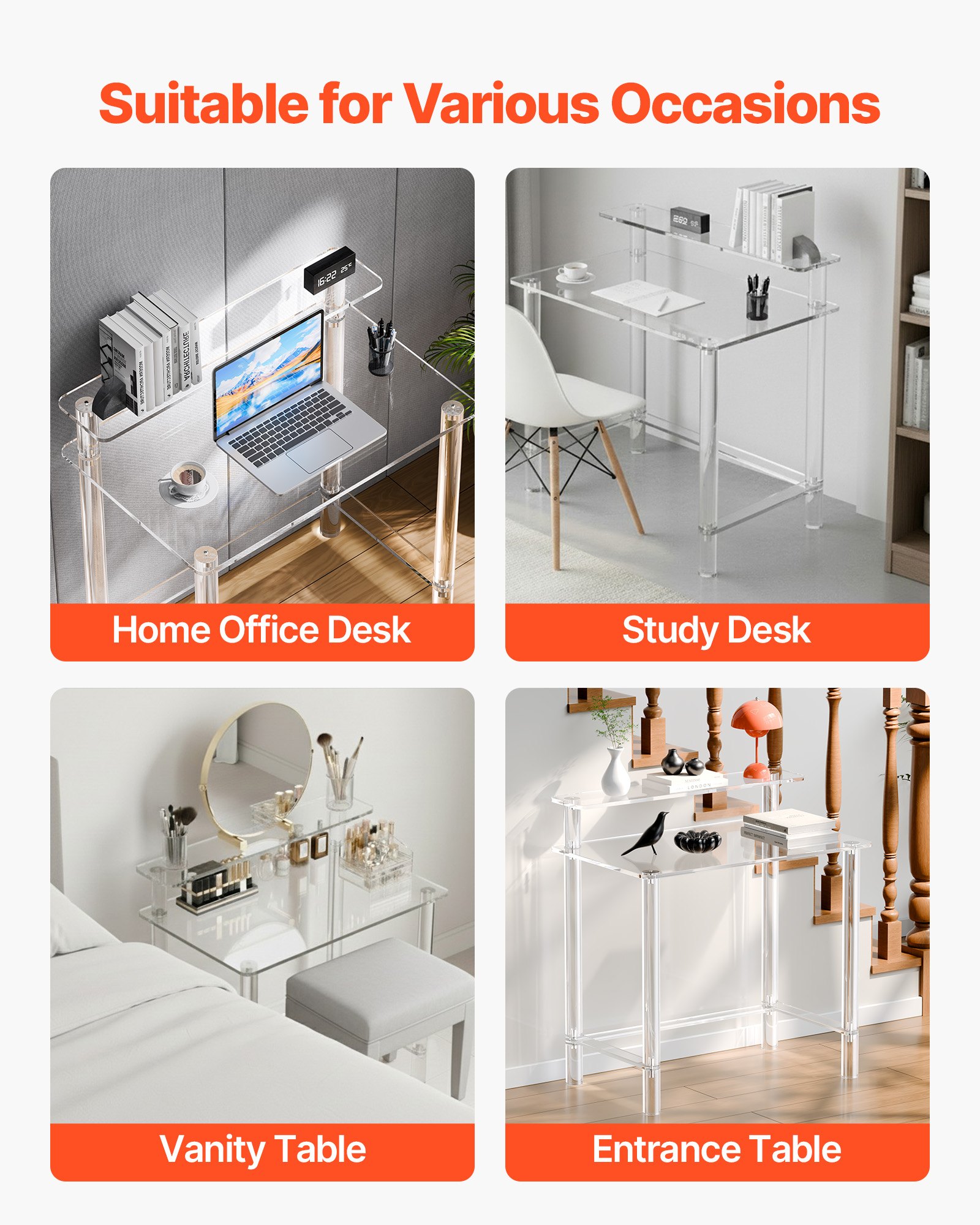 VEVOR Acrylic Table, 2 Tiers Clear Office Desk with Monitor Stand, Acrylic Study Computer Desk, Modern Side End Table Nightstand for Bedroom, Office, Study, Cloakroom, 50 x 80 x 88 cm (Clear)