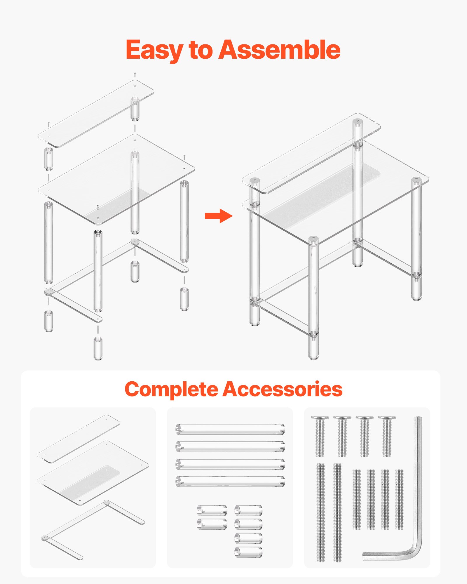VEVOR Acrylic Table, 2 Tiers Clear Office Desk with Monitor Stand, Acrylic Study Computer Desk, Modern Side End Table Nightstand for Bedroom, Office, Study, Cloakroom, 50 x 80 x 88 cm (Clear)