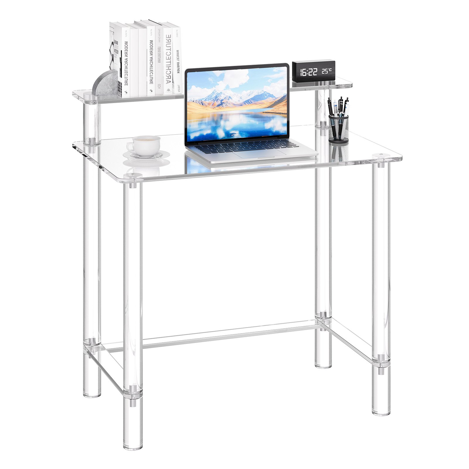 VEVOR Acrylic Table, 2 Tiers Clear Office Desk with Monitor Stand, Acrylic Study Computer Desk, Modern Side End Table Nightstand for Bedroom, Office, Study, Cloakroom, 50 x 80 x 88 cm (Clear)