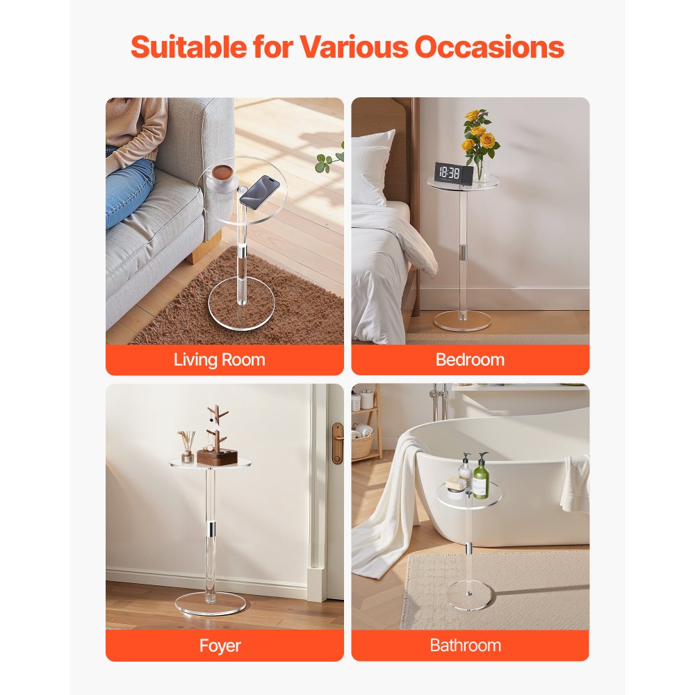 VEVOR Acrylic Drink Table, Clear End Table Round Top with Solid Post, Modern Acrylic Cake Table Stand, Transparent Side Desk for Coffee, Drink, Food, Snack, Easy Assembly, 25.4 x 25.4 x 54 cm (Clear)