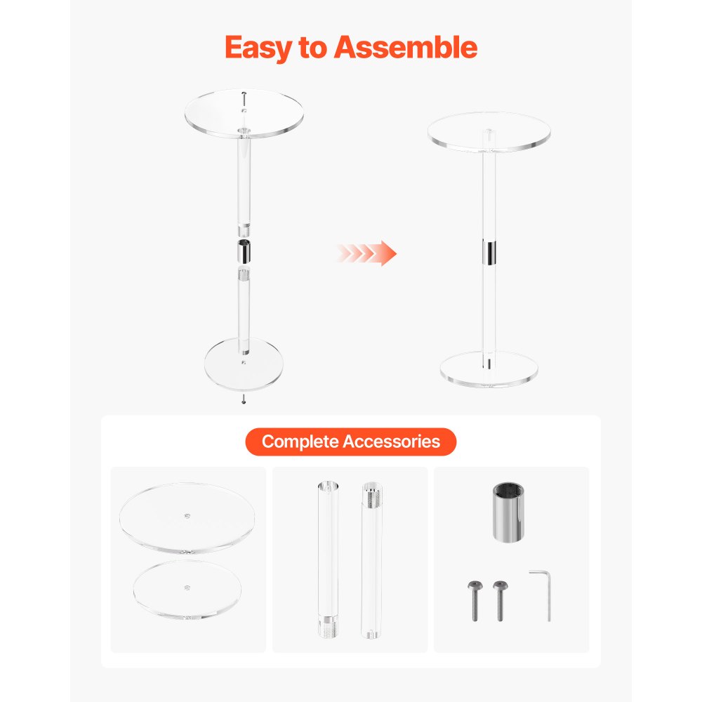 VEVOR Acrylic Drink Table, Clear End Table Round Top with Solid Post, Modern Acrylic Cake Table Stand, Transparent Side Desk for Coffee, Drink, Food, Snack, Easy Assembly, 25.4 x 25.4 x 54 cm (Clear)