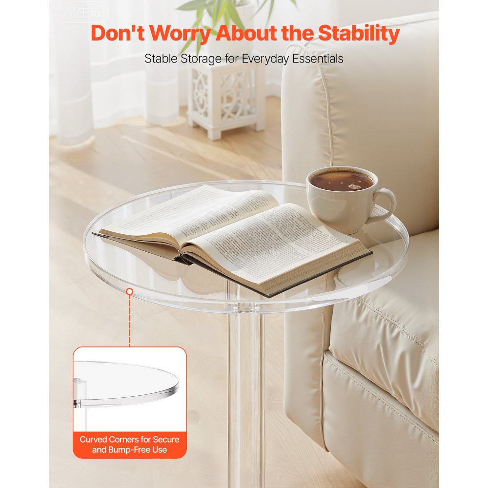 VEVOR Acrylic Drink Table, Clear End Table Round Top with Solid Post, Modern Acrylic Cake Table Stand, Transparent Side Desk for Coffee, Drink, Food, Snack, Easy Assembly, 25.4 x 25.4 x 54 cm (Clear)
