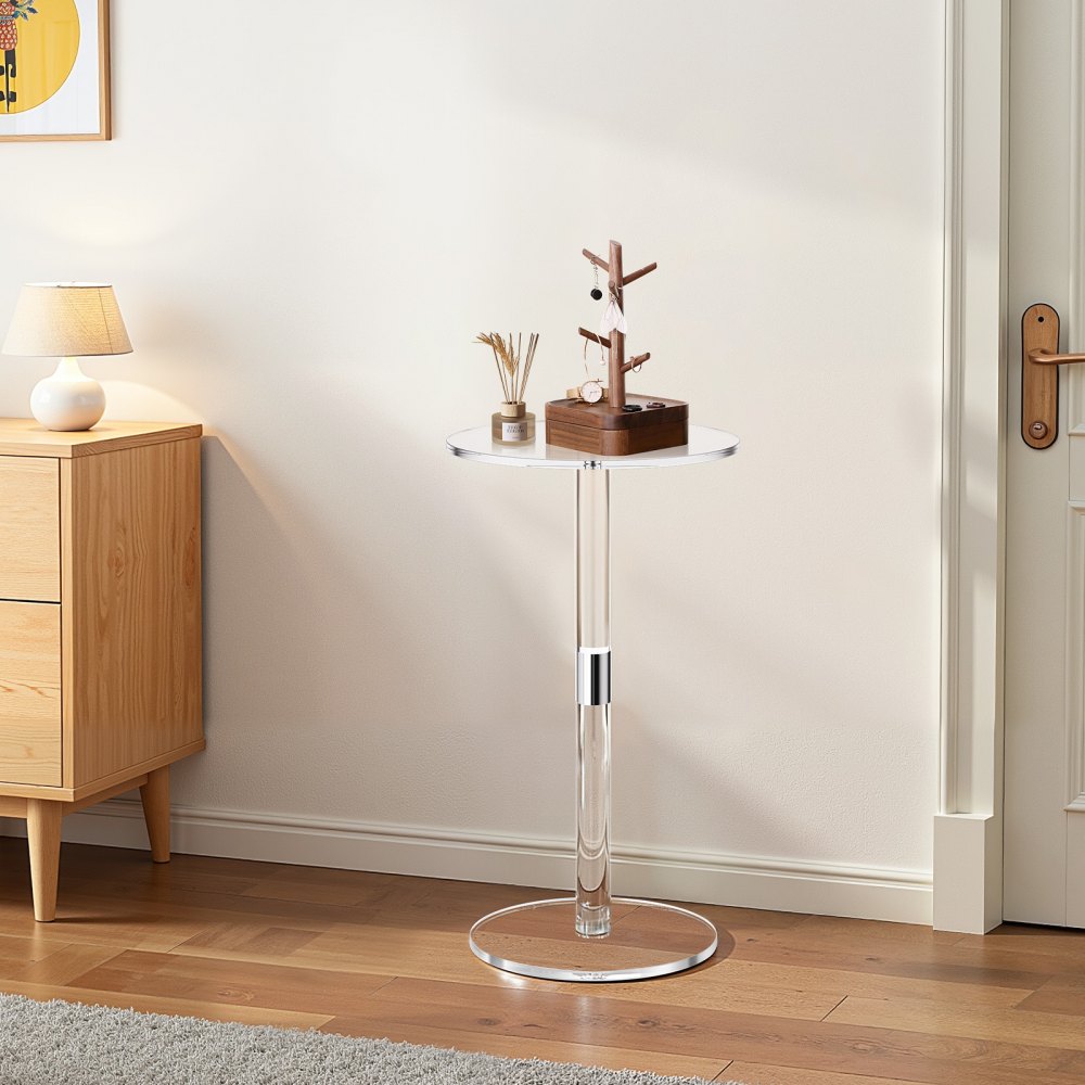 VEVOR Acrylic Drink Table, Clear End Table Round Top with Solid Post, Modern Acrylic Cake Table Stand, Transparent Side Desk for Coffee, Drink, Food, Snack, Easy Assembly, 25.4 x 25.4 x 54 cm (Clear)