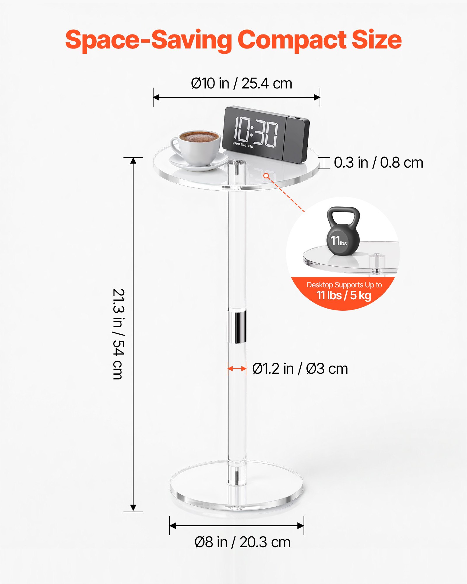 VEVOR Acrylic Drink Table, Clear End Table Round Top with Solid Post, Modern Acrylic Cake Table Stand, Transparent Side Desk for Coffee, Drink, Food, Snack, Easy Assembly, 25.4 x 25.4 x 54 cm (Clear)