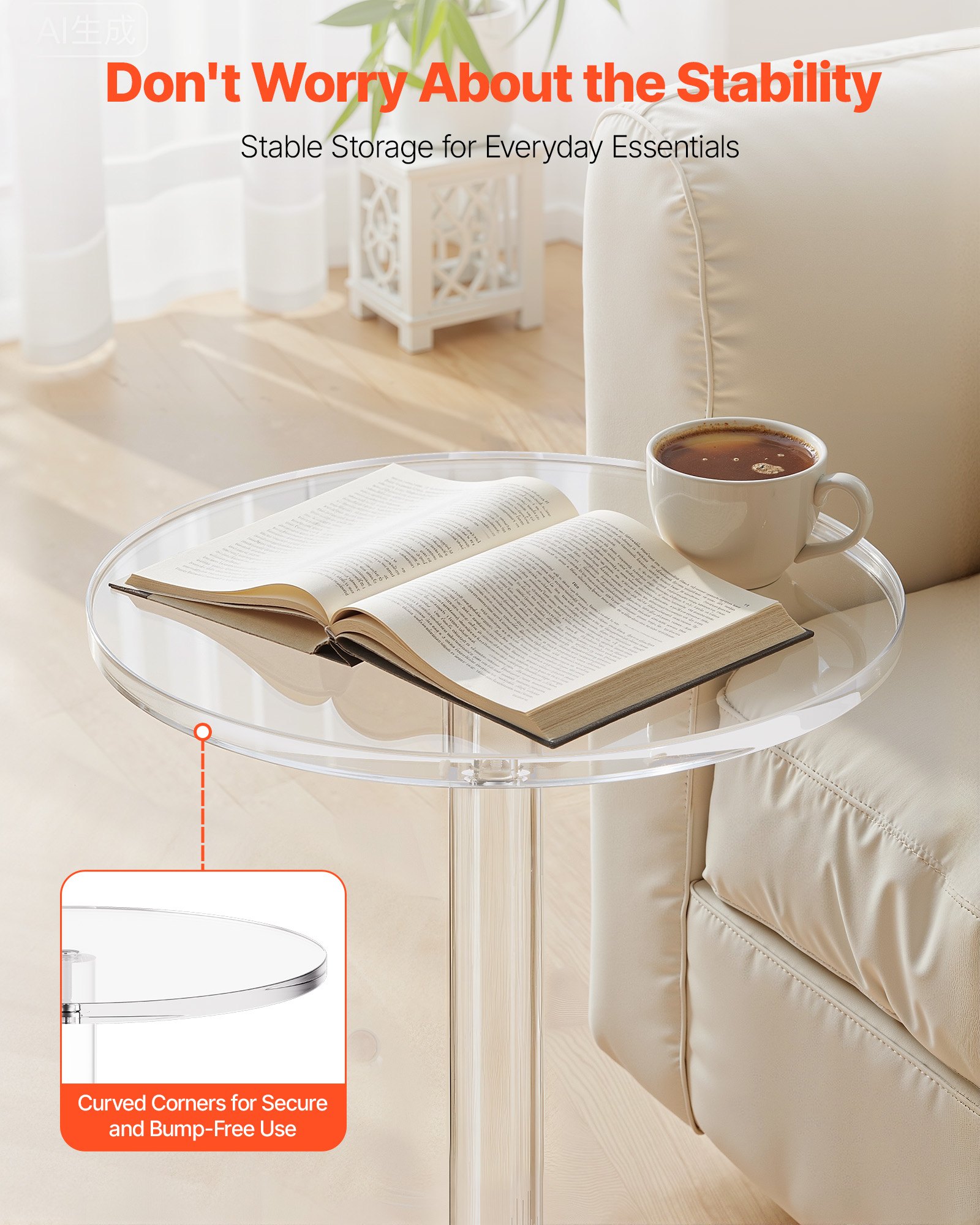 VEVOR Acrylic Drink Table, Clear End Table Round Top with Solid Post, Modern Acrylic Cake Table Stand, Transparent Side Desk for Coffee, Drink, Food, Snack, Easy Assembly, 25.4 x 25.4 x 54 cm (Clear)