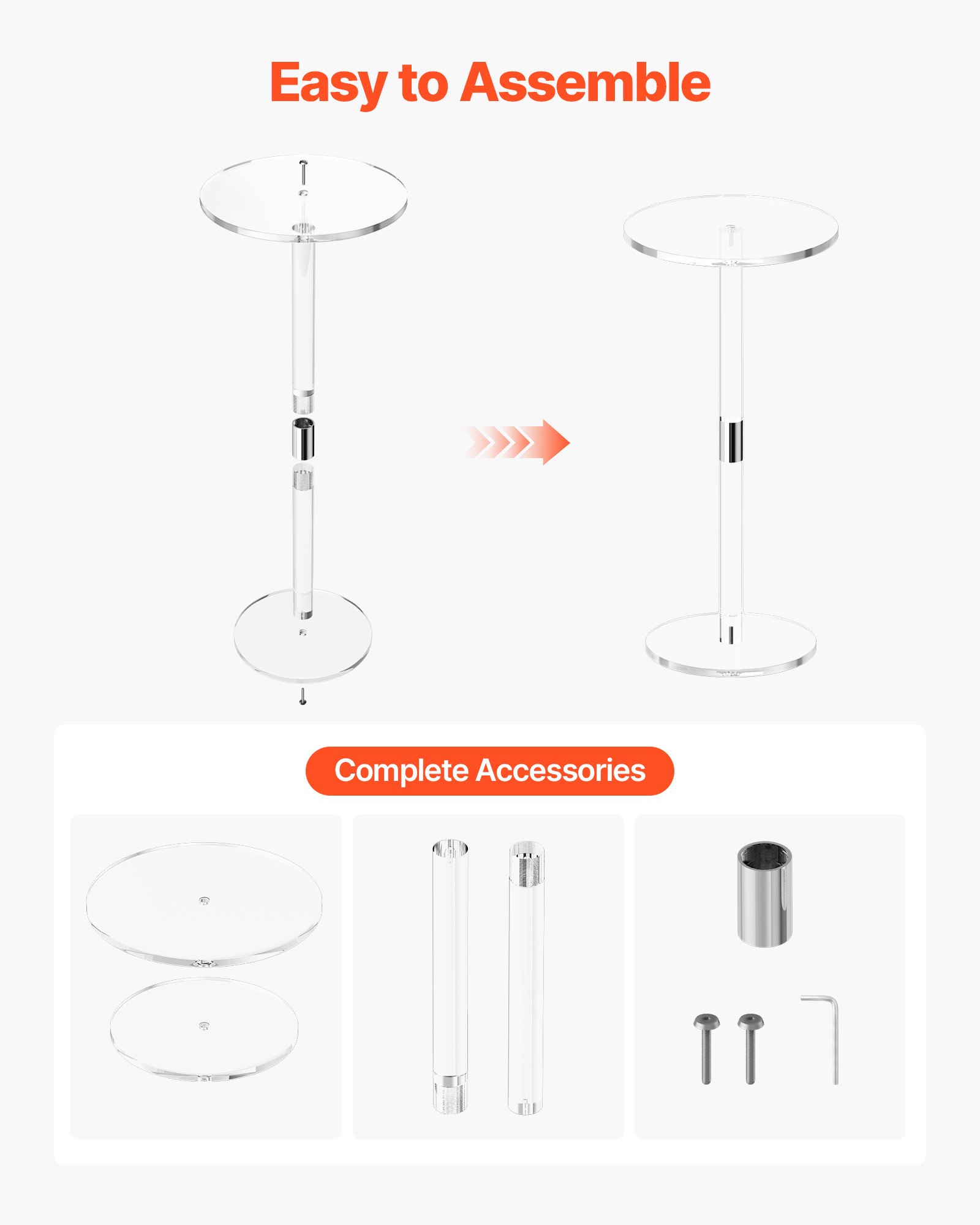VEVOR Acrylic Drink Table, Clear End Table Round Top with Solid Post, Modern Acrylic Cake Table Stand, Transparent Side Desk for Coffee, Drink, Food, Snack, Easy Assembly, 25.4 x 25.4 x 54 cm (Clear)