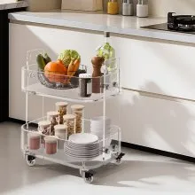 VEVOR Acrylic Table with Wheels, 2 Tiers Mobile Cart Table, Modern Rolling Acrylic Storage Desk, Clear Nightstand Side End Desk, for Living Room, Bedroom, Bar, Office, 12 x 16.3 x 18.9 in (Clear)
