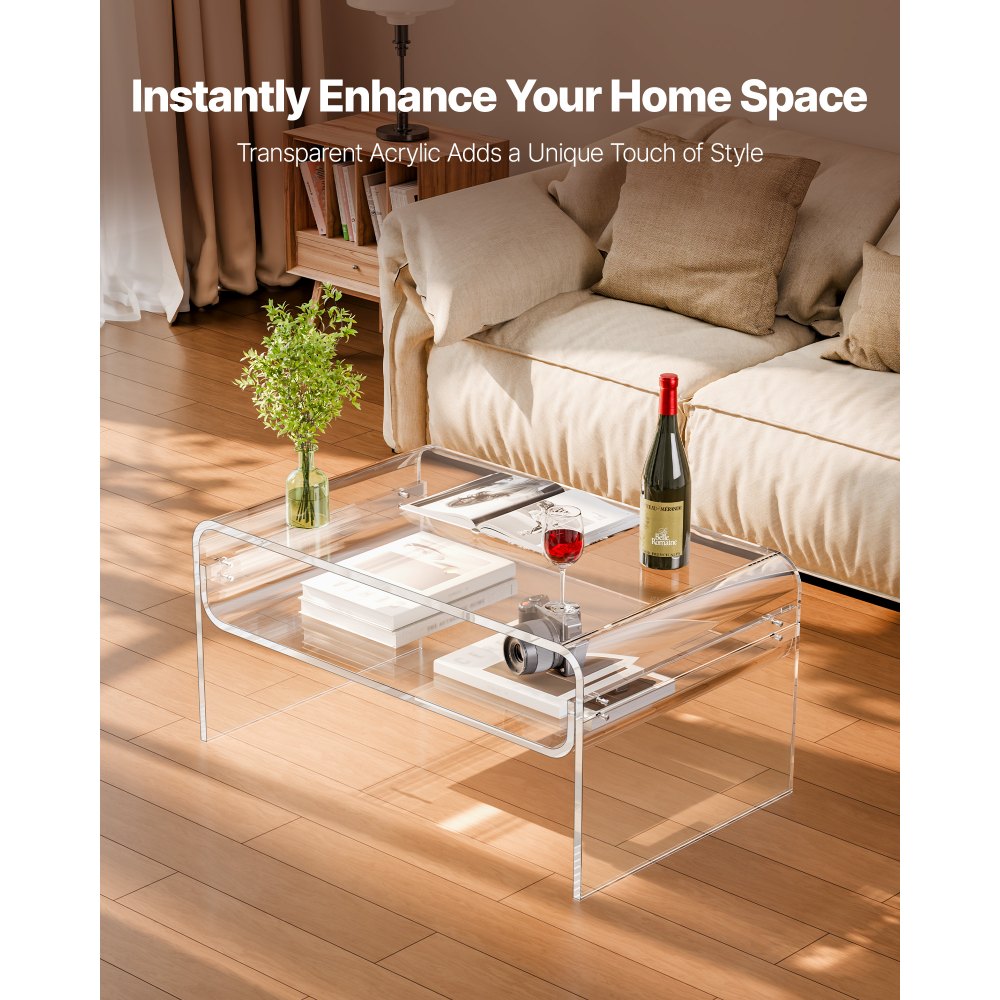 VEVOR Acrylic Coffee Table, 2 Tiers Center Table with Storage Shelf, Modern Rectangle Acrylic Coffee Desk, Ideal for Dining Room, Kitchen Island, Restaurant, Office, 50 x 80 x 38 cm (Clear)