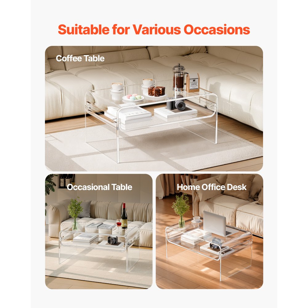 VEVOR Acrylic Coffee Table, 2 Tiers Center Table with Storage Shelf, Modern Rectangle Acrylic Coffee Desk, Ideal for Dining Room, Kitchen Island, Restaurant, Office, 50 x 80 x 38 cm (Clear)