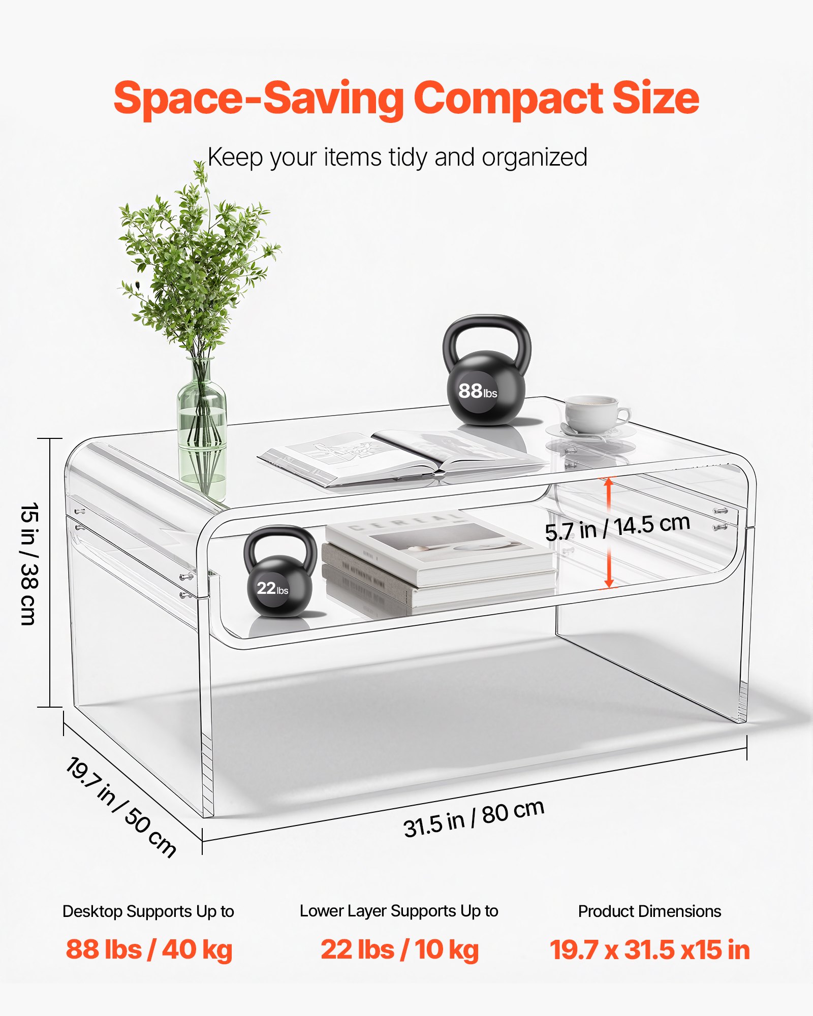 VEVOR Acrylic Coffee Table, 2 Tiers Center Table with Storage Shelf, Modern Rectangle Acrylic Coffee Desk, Ideal for Dining Room, Kitchen Island, Restaurant, Office, 50 x 80 x 38 cm (Clear)