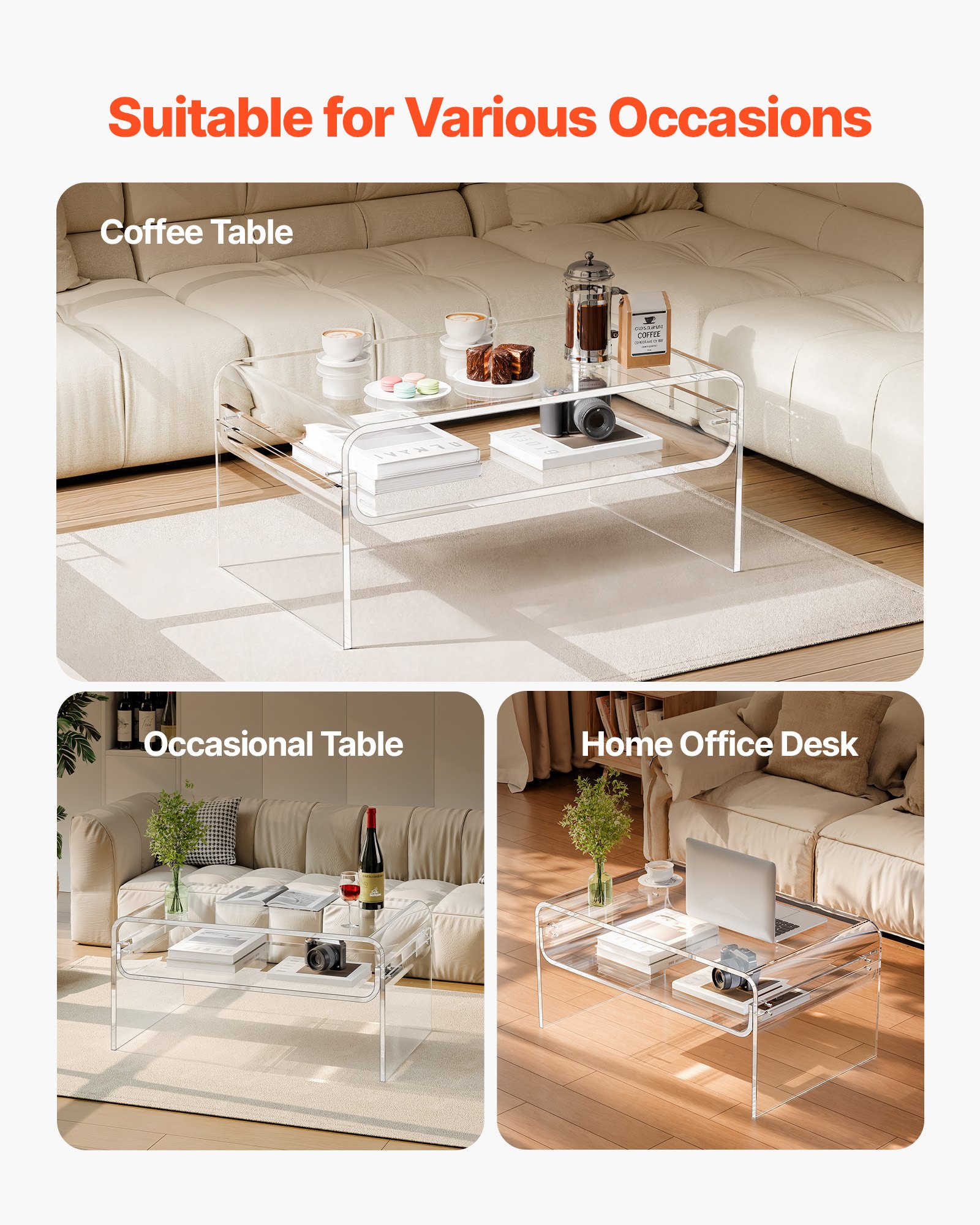 VEVOR Acrylic Coffee Table, 2 Tiers Center Table with Storage Shelf, Modern Rectangle Acrylic Coffee Desk, Ideal for Dining Room, Kitchen Island, Restaurant, Office, 50 x 80 x 38 cm (Clear)