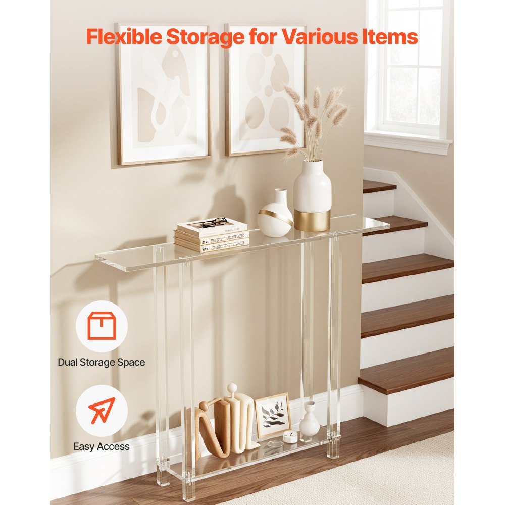 VEVOR Acrylic Console Table, 2 Tiers Narrow Side Desk with Bottom Open Storage, Modern Rectangle Acrylic End Table, Transparent Entry Desk for Foyer, Hallway, Living Room, 19.3 x 100 x 80 cm (Clear)